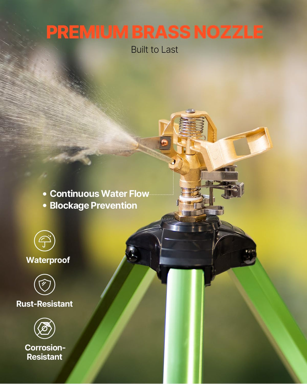 Detailed view of the gooseneck hose connection of VEVOR Sprinkler