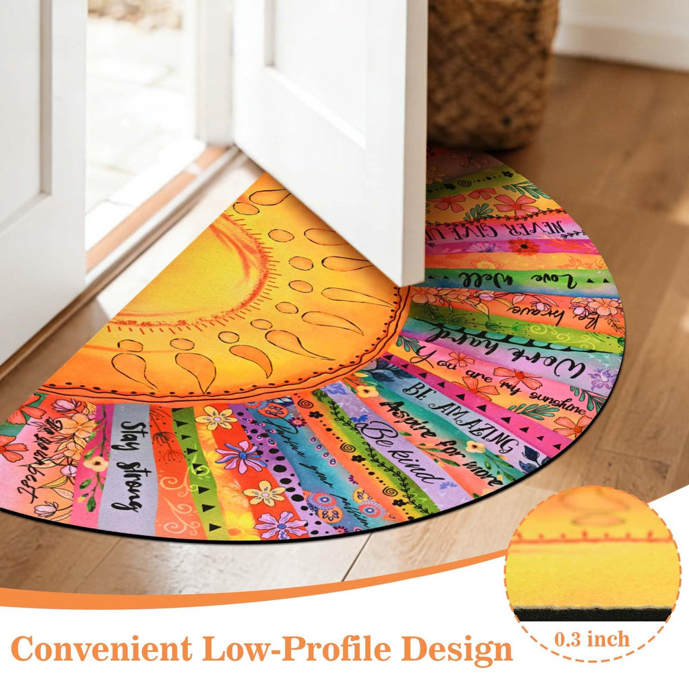 Detailed view of the sun and floral pattern on the mat