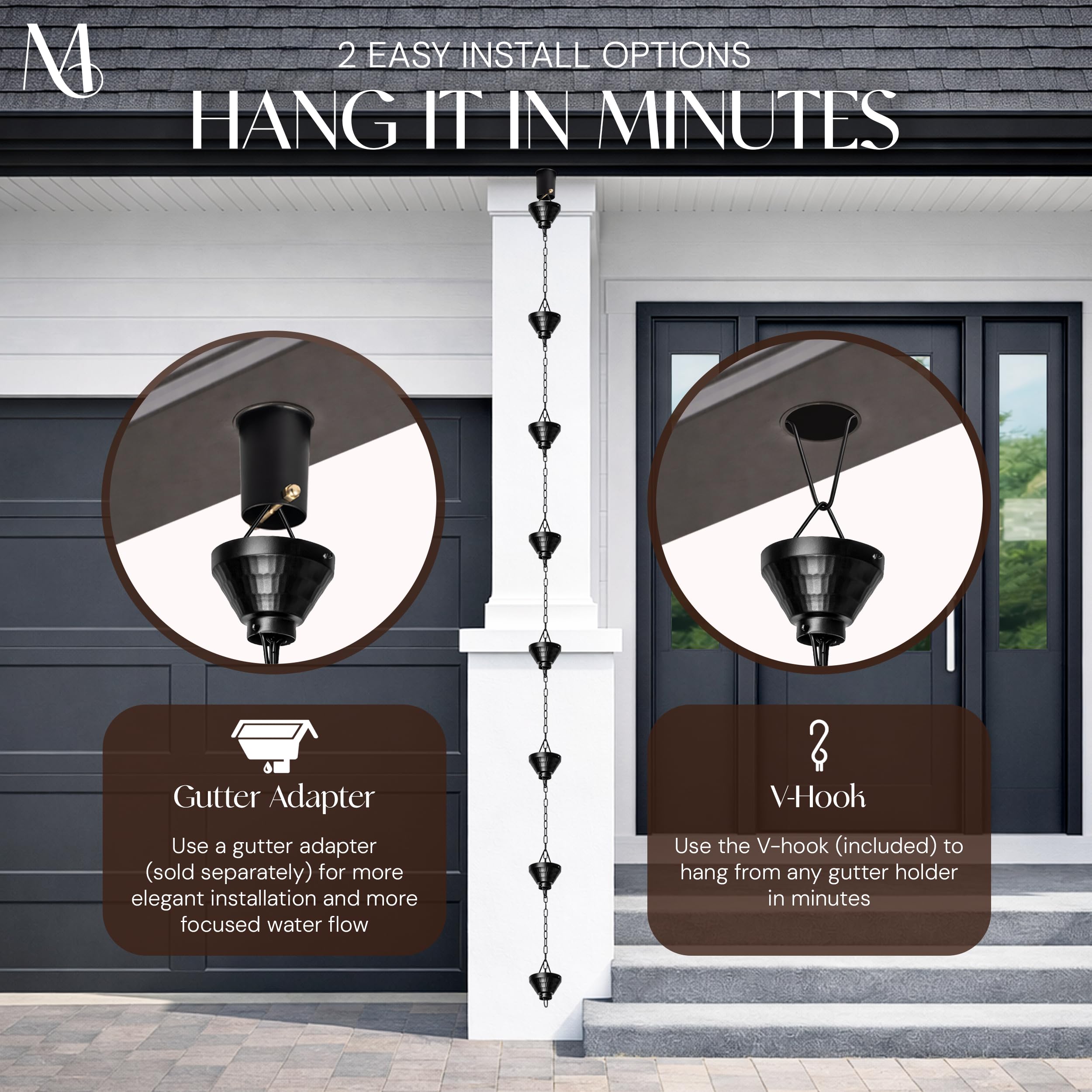 Detailed view of the triangular hanger for the rain chain