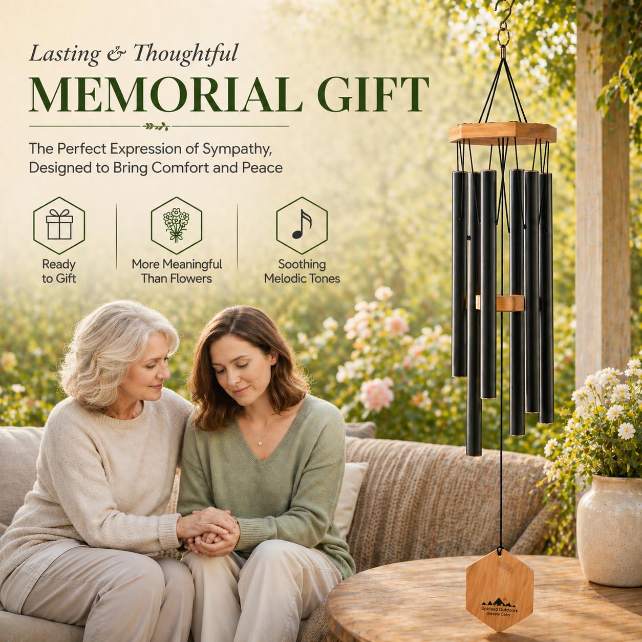 Detailed view of the wind chimes' rich black finish