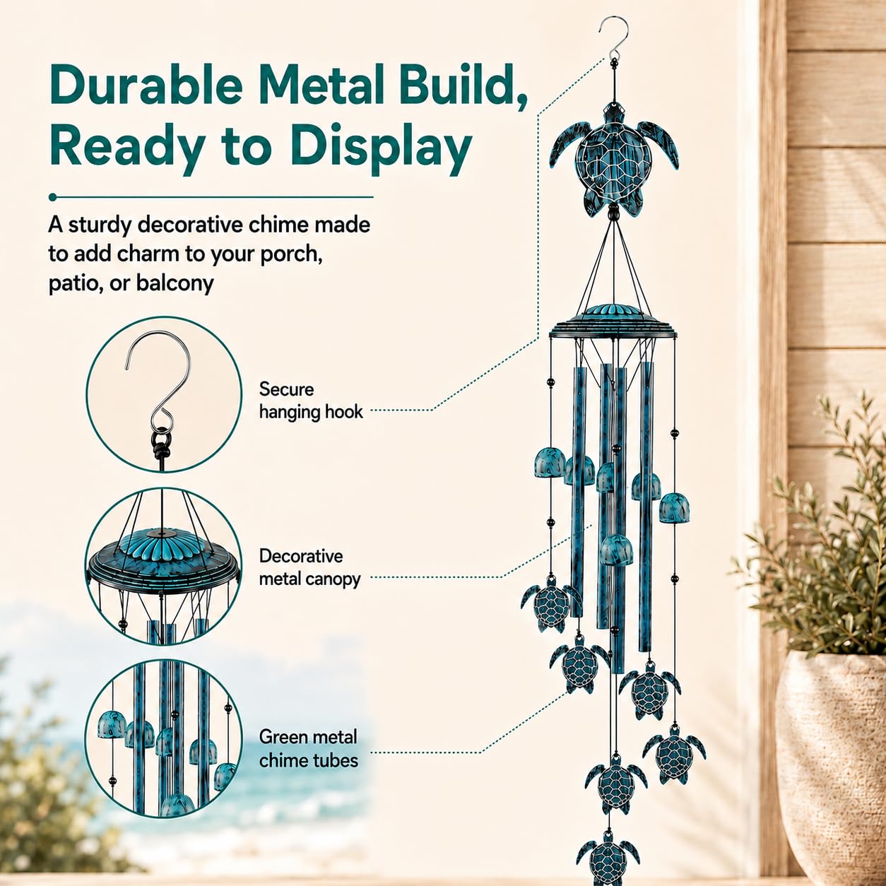Detailed view of turtle decoration on LESES wind chime