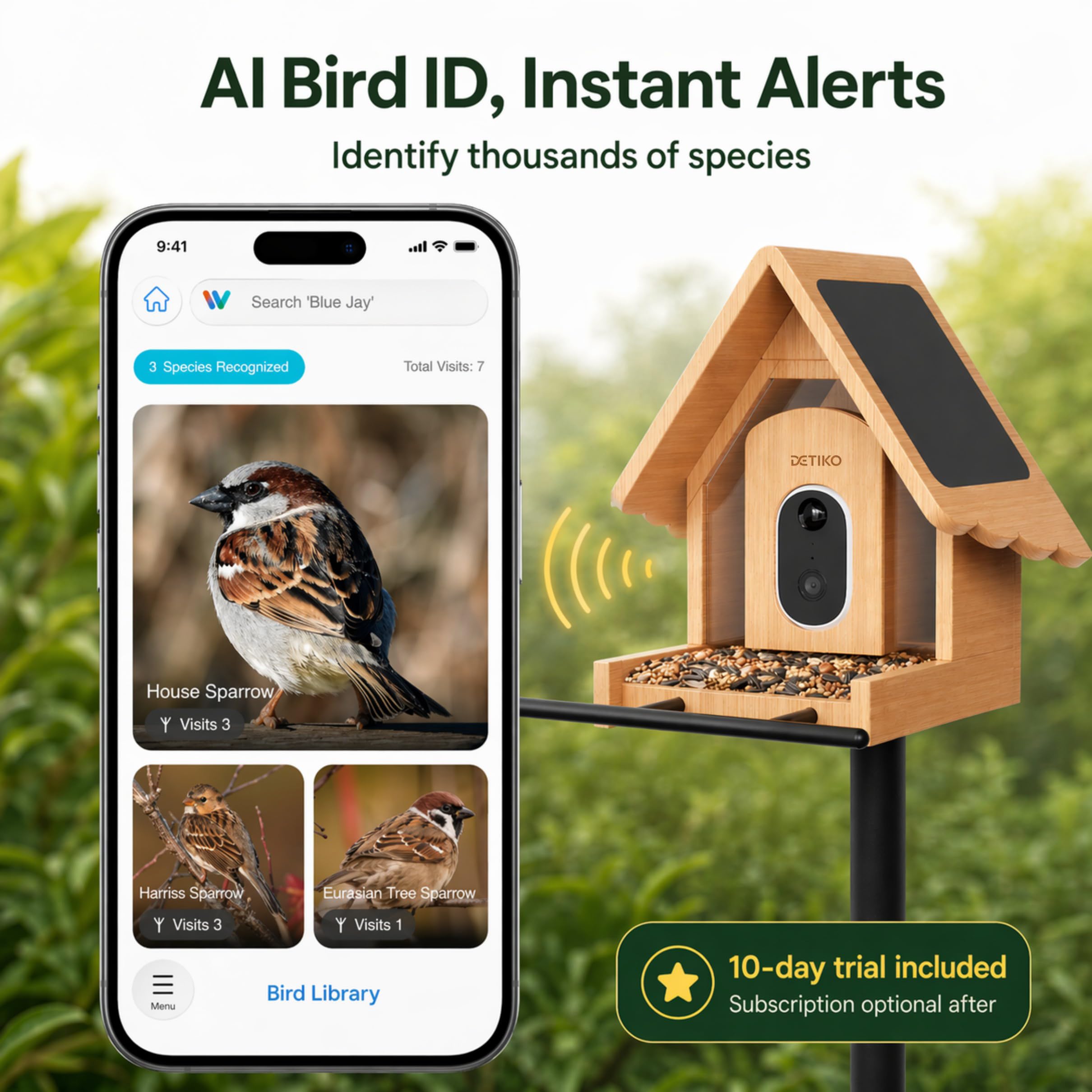 DETIKO Smart Bird Feeder installed in a garden