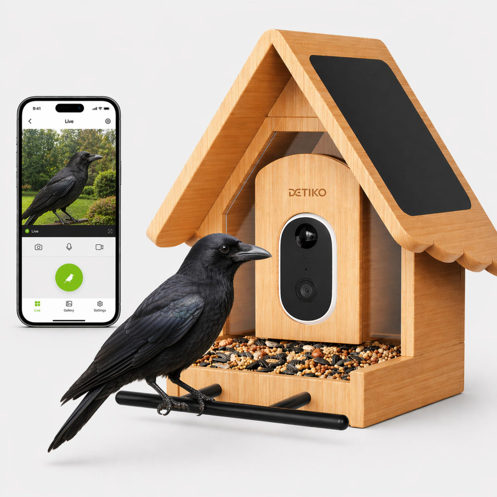 DETIKO Smart Bird Feeder with camera in bamboo finish