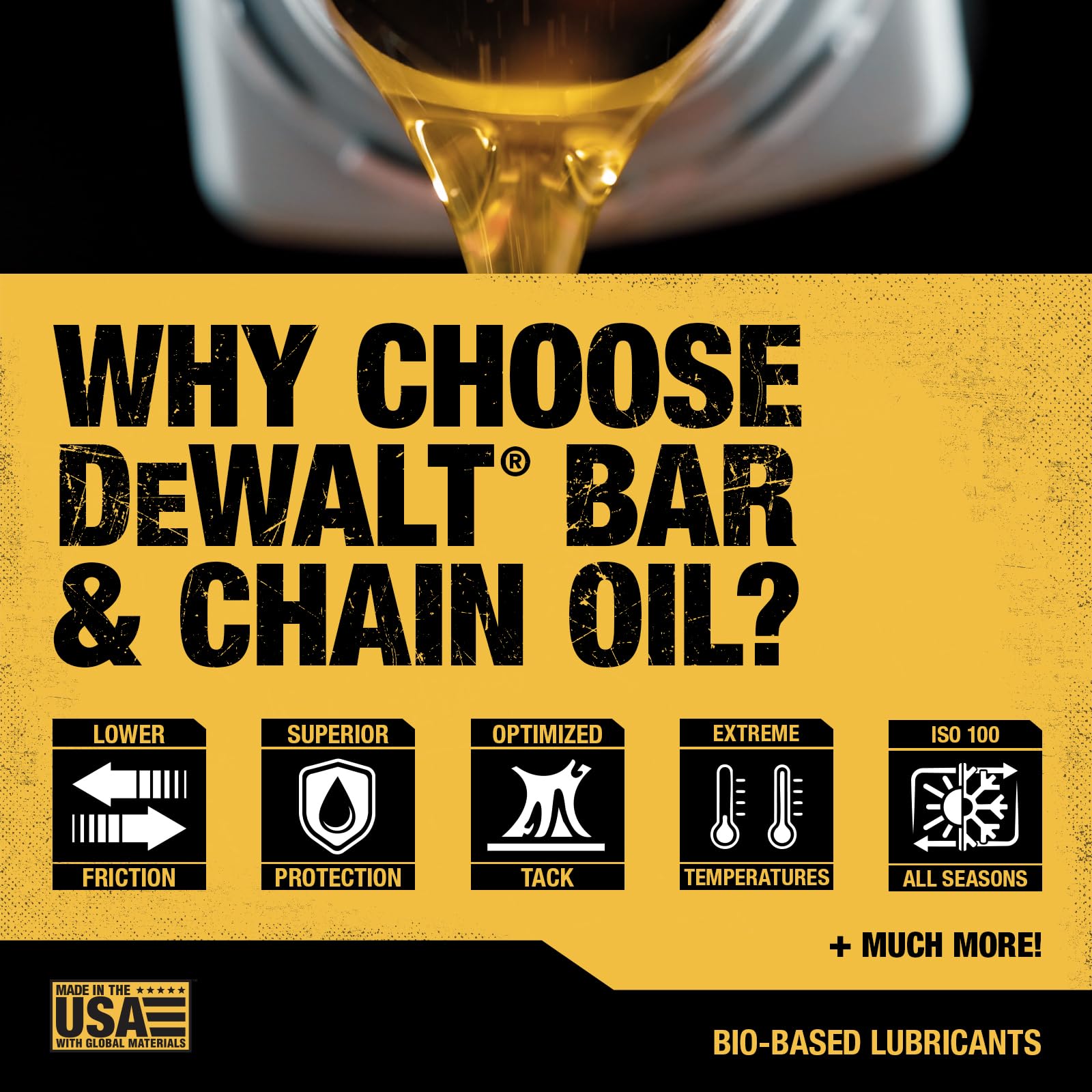 DEWALT Bar & Chain Oil packaging with measurement markings