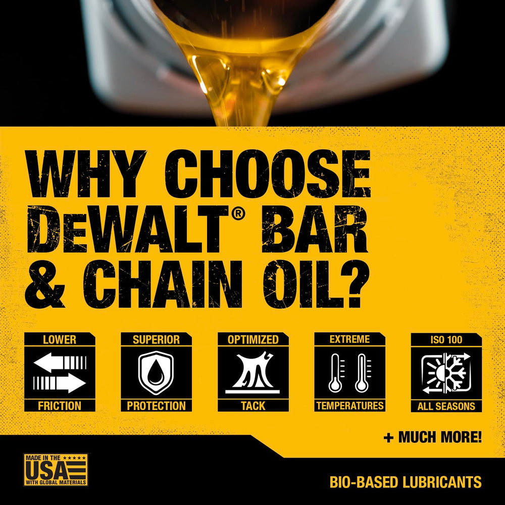 DEWALT Bar & Chain Oil packaging with measurement markings