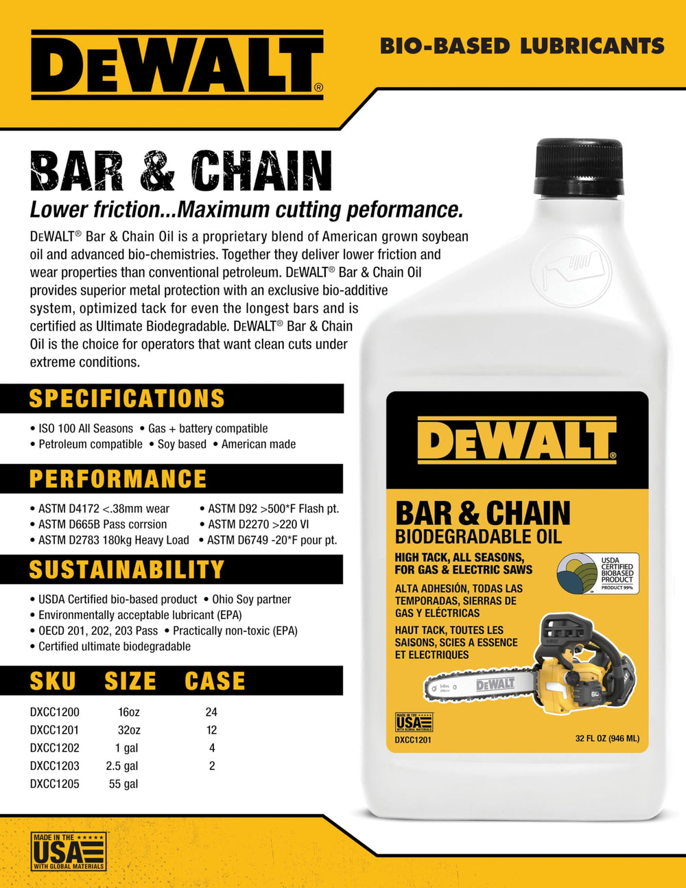 DEWALT Biodegradable Bar & Chain Oil label close-up