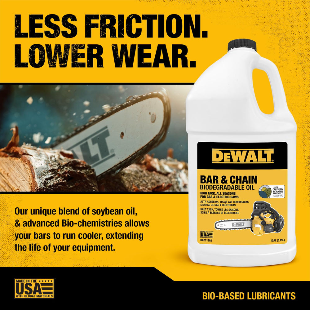 DEWALT Biodegradable Bar & Chain Oil on outdoor workbench