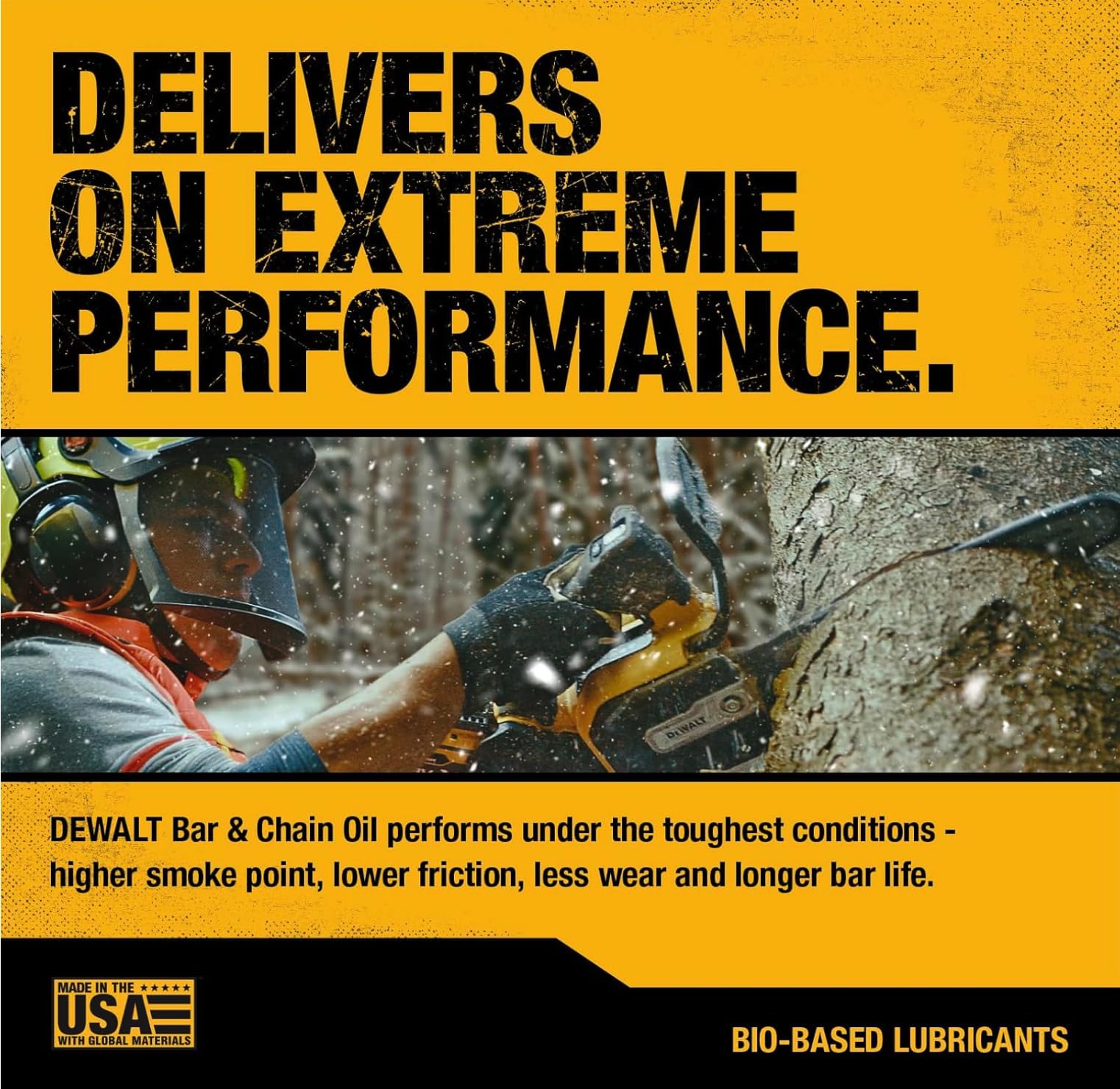 DEWALT Biodegradable Bar & Chain Oil pouring from bottle