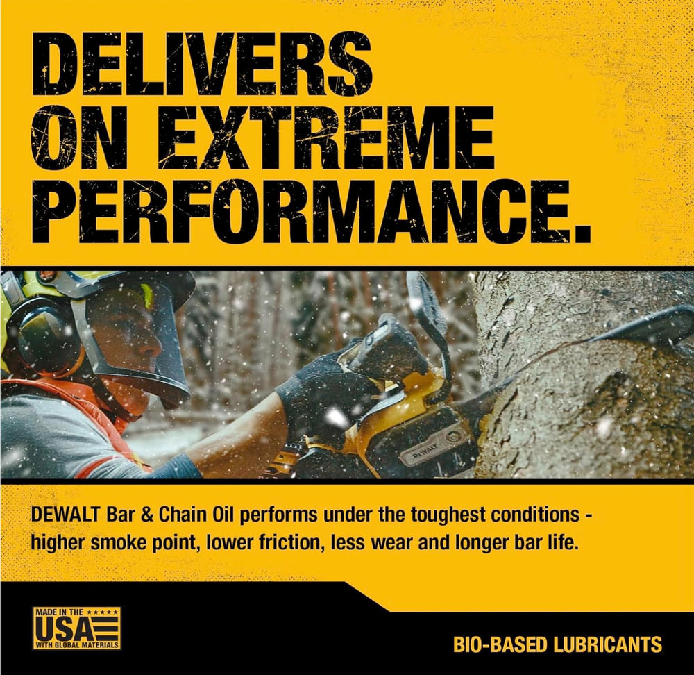 DEWALT Biodegradable Bar & Chain Oil pouring from bottle