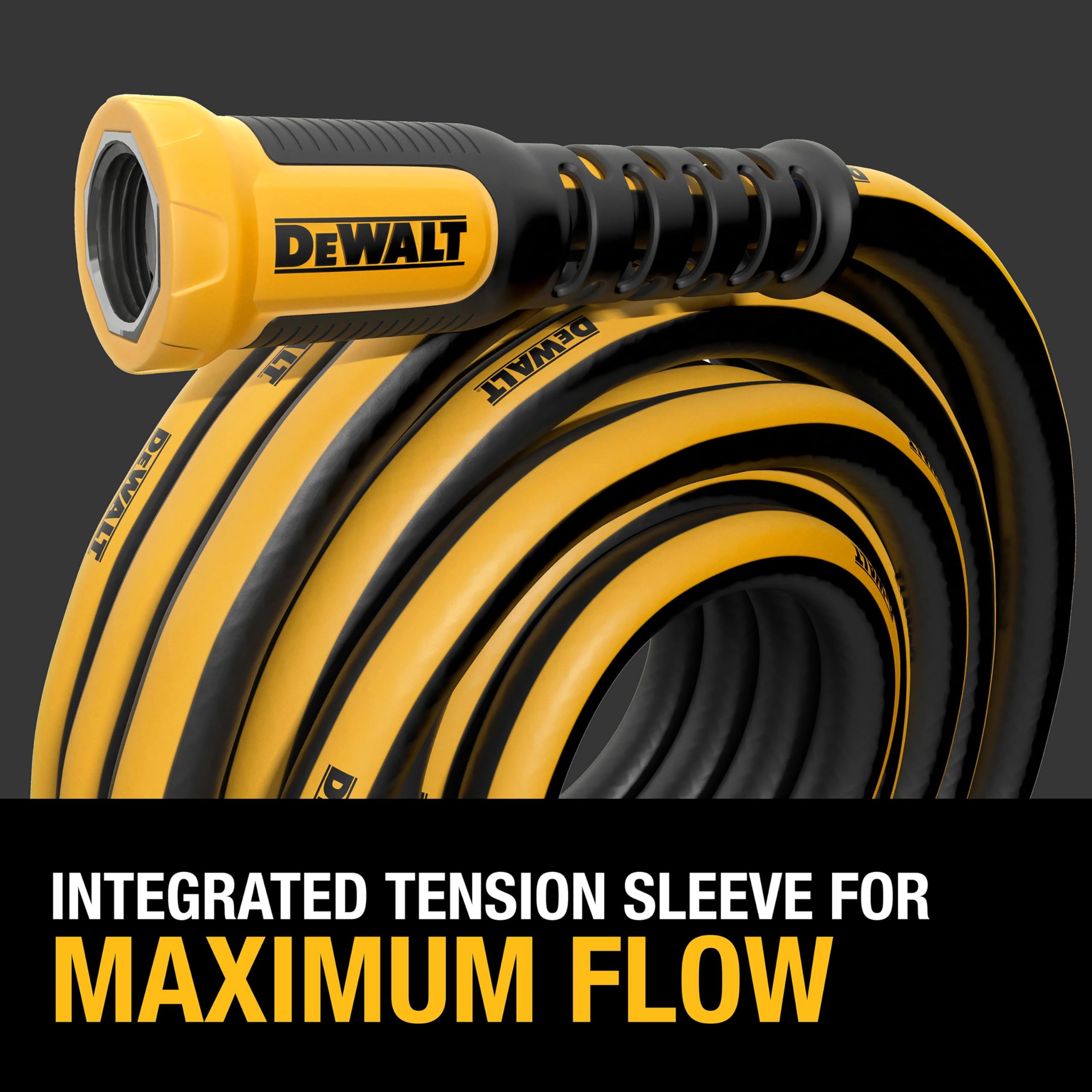DEWALT Heavy Duty Garden Hose coiled in garden