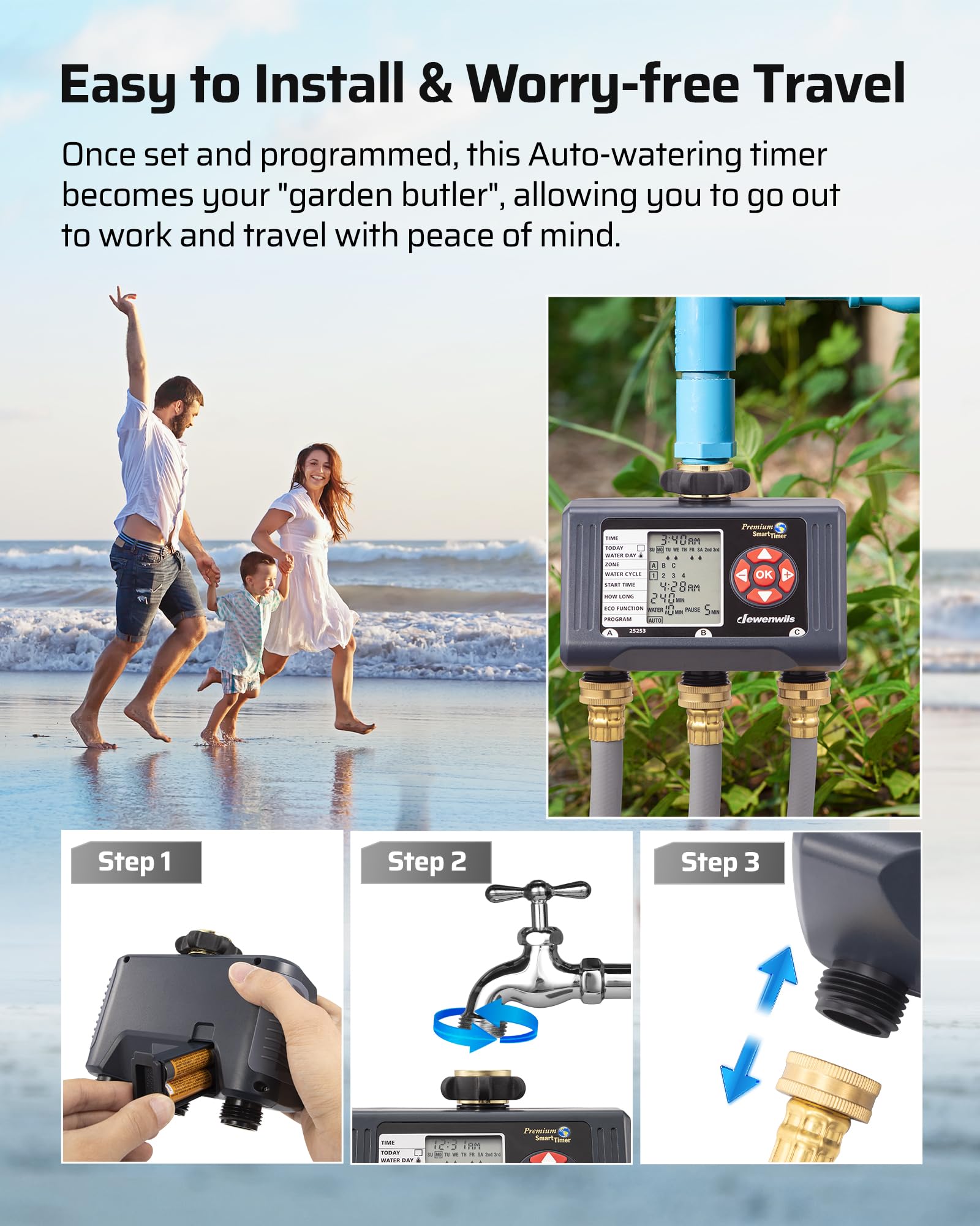 DEWENWILS Water Timer displayed with user manual