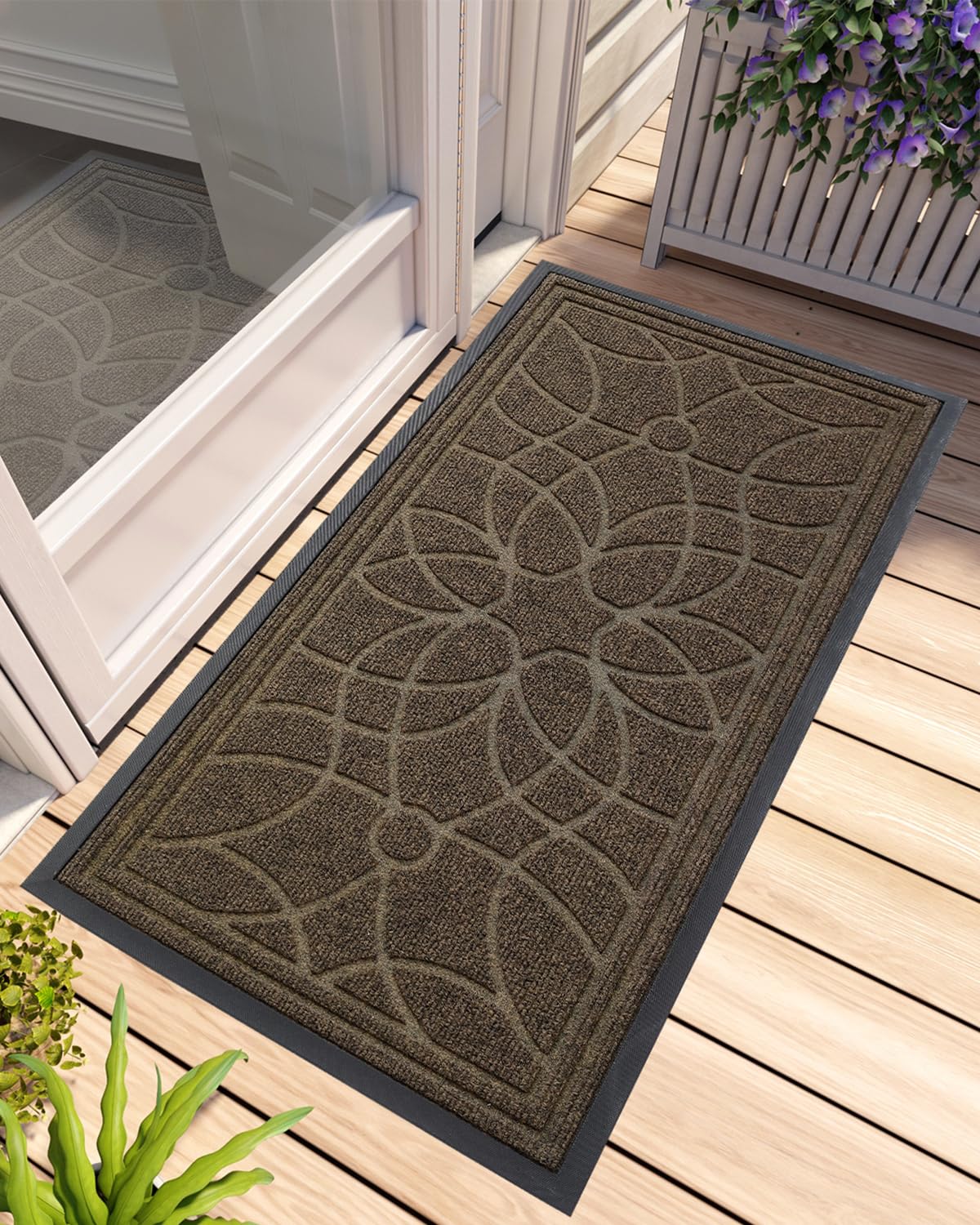 DEXI Front Door Mat 24x47 brown with floral pattern