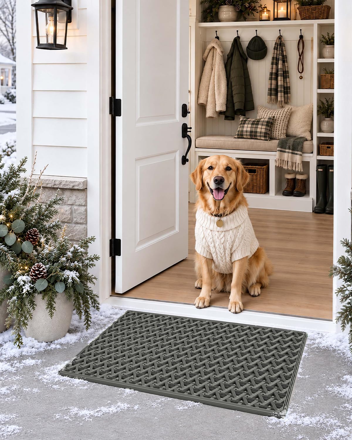DEXI Front Door Mat Grey in an outdoor setting