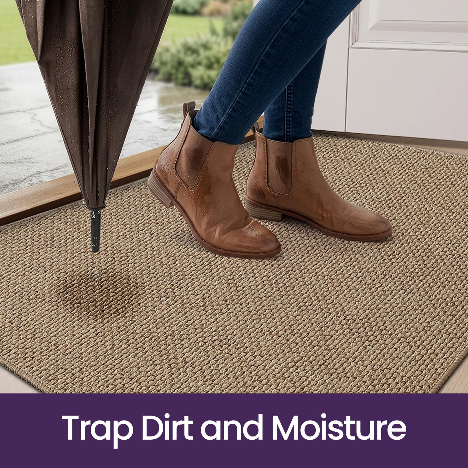 DEXI Thin Door Mat against wood floor background