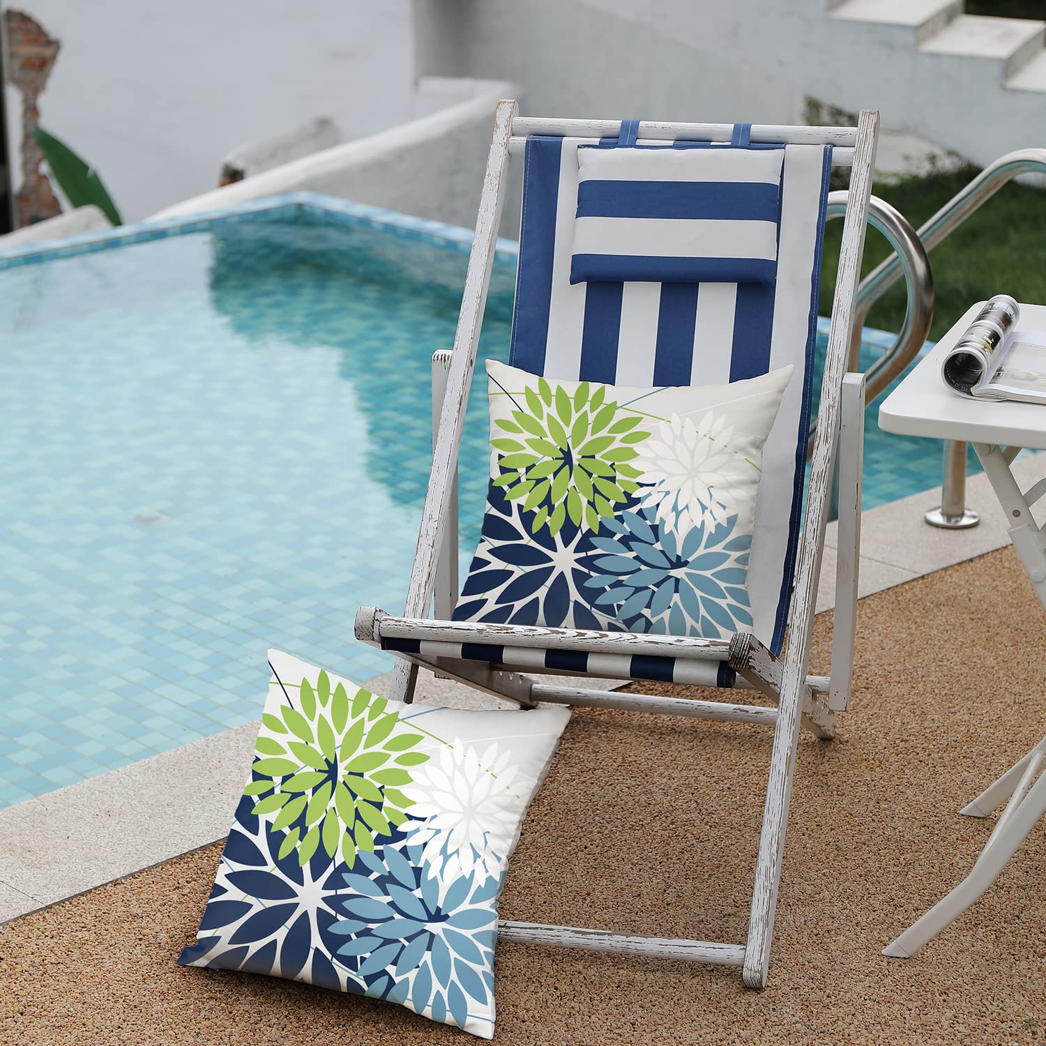 DFXSZ decorative pillow covers in vibrant blue and green on garden bench