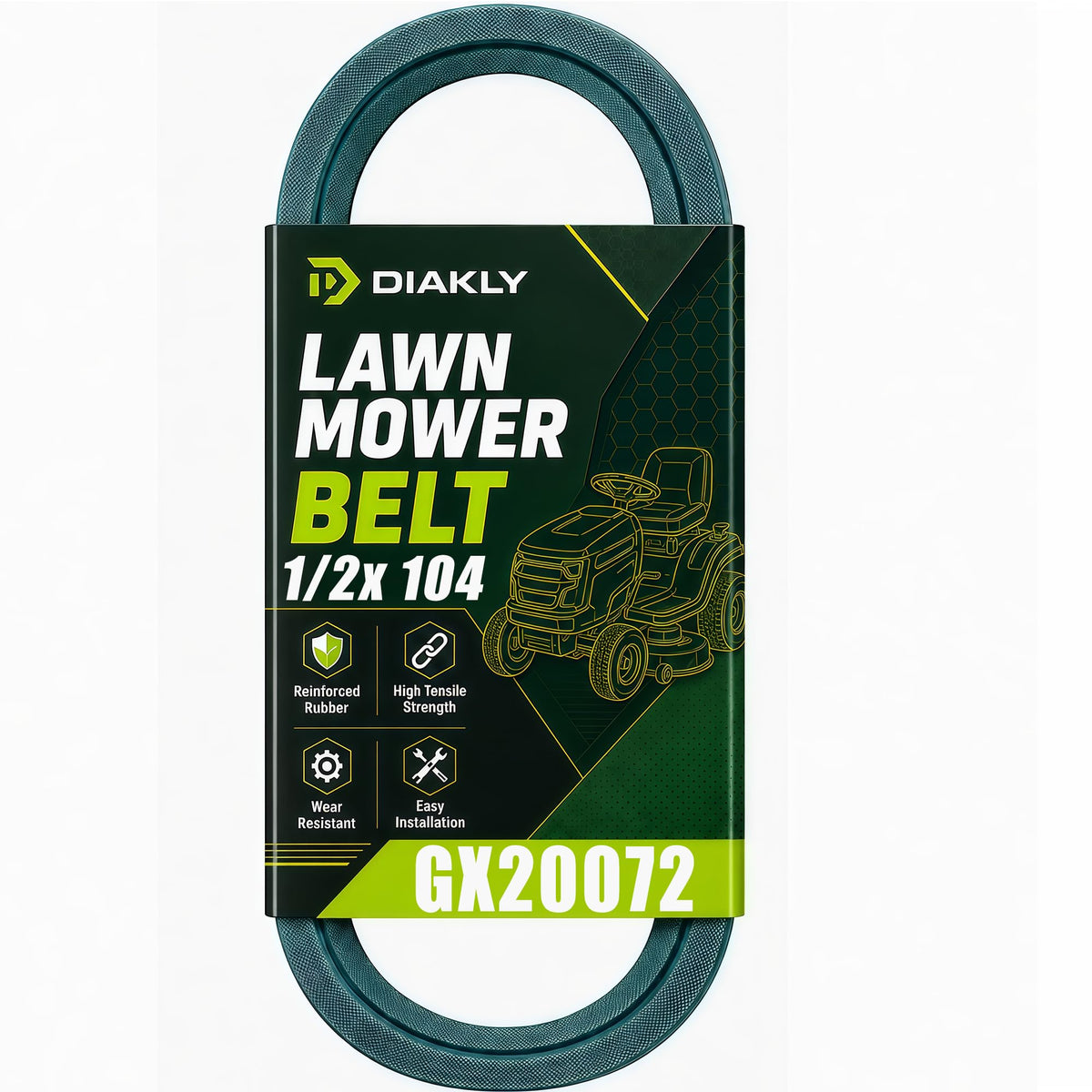 DIAKLY GX20072 Drive Belt front view, dark green, 1/2 inch x 104 inch