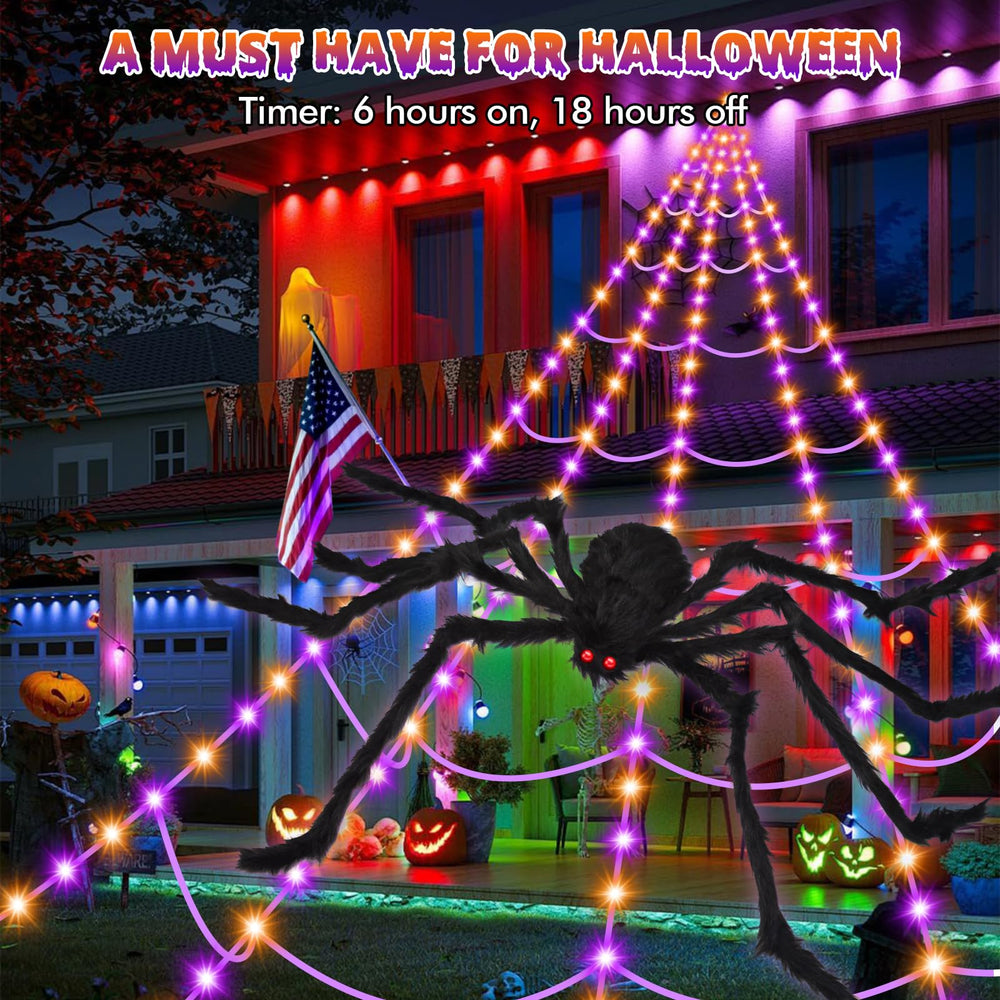Different lighting modes shown on the spider web decorations