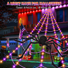 Different lighting modes shown on the spider web decorations