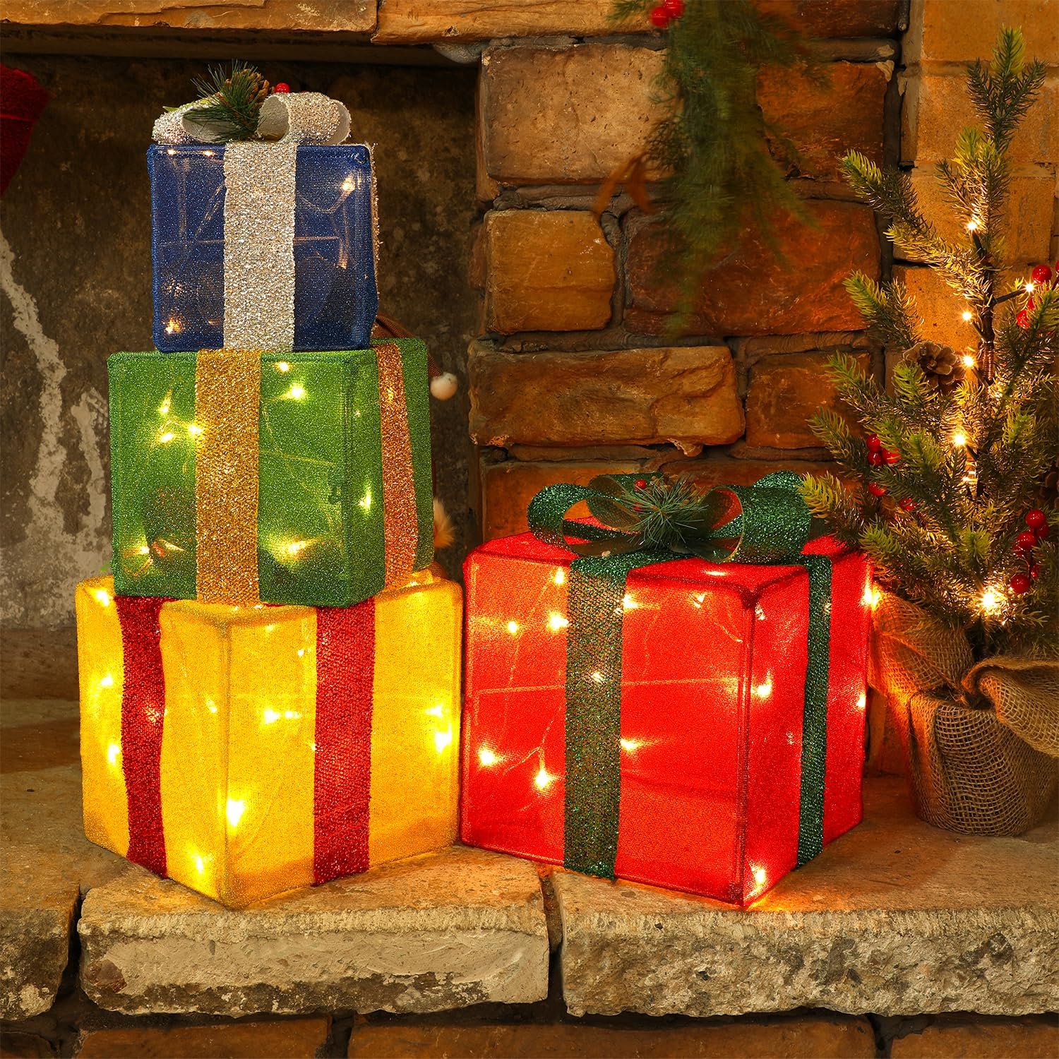 Different sizes of LJLNION lighted gift boxes displayed indoors