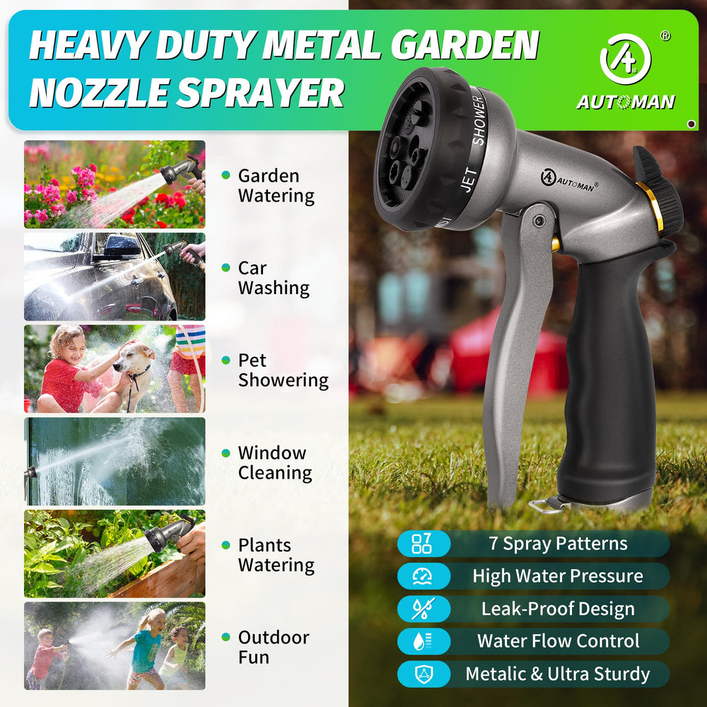 Different spray patterns of the AUTOMAN Garden Hose Nozzle demonstrated