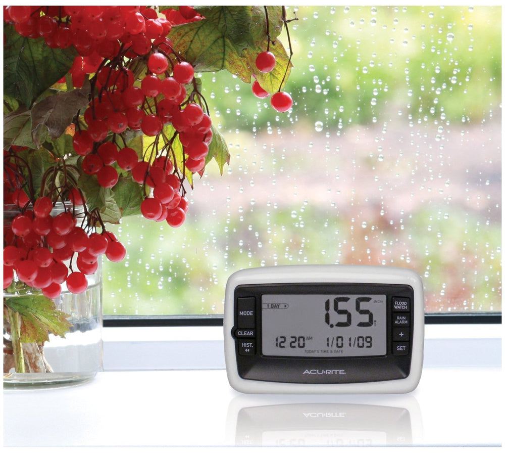 Digital display console of AcuRite rain gauge showing current date and time