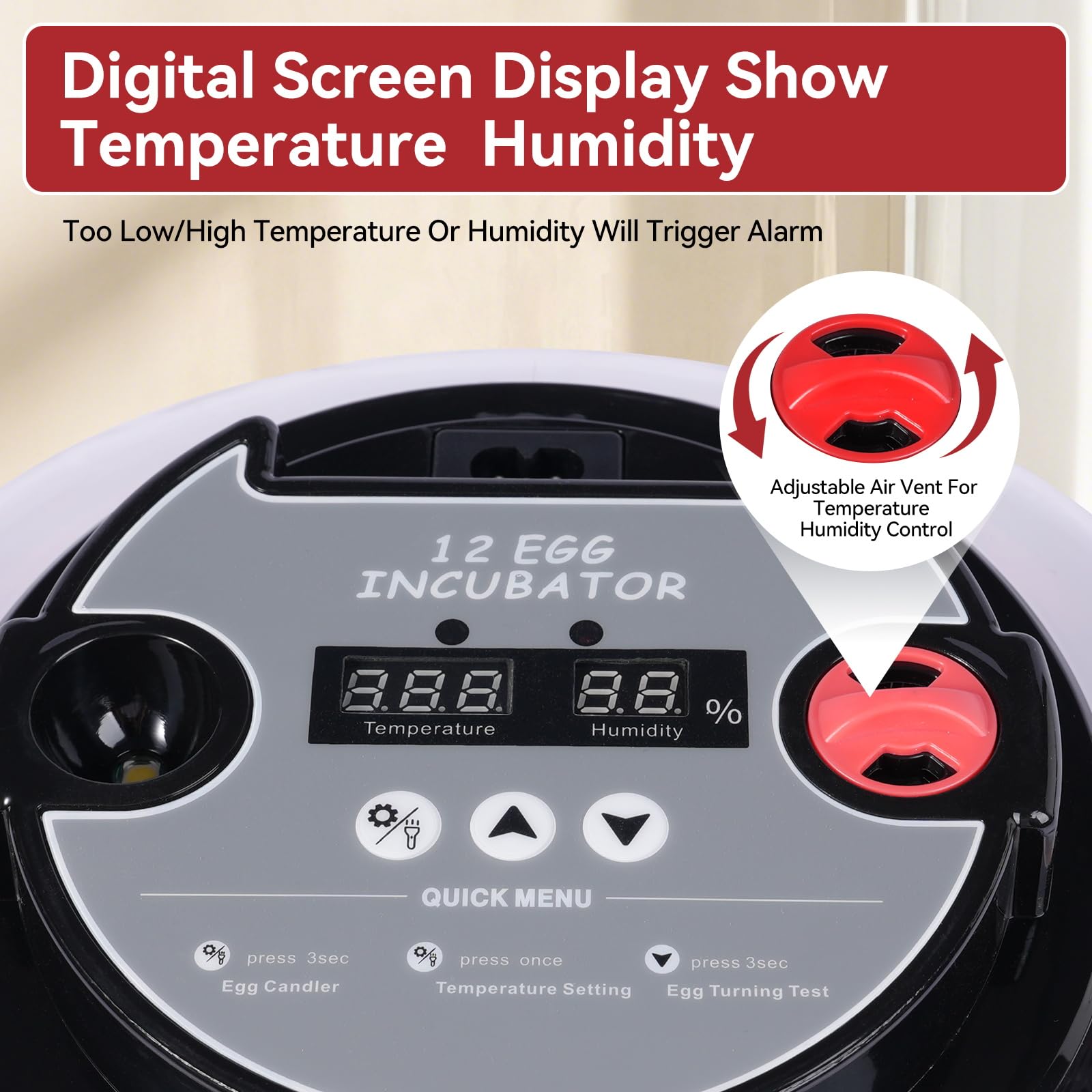 Digital display showing temperature and humidity in incubator