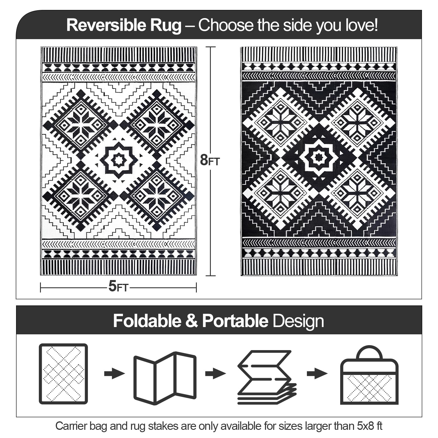 DiiKoo Outdoor Rug 5x8ft rolled up with carry bag