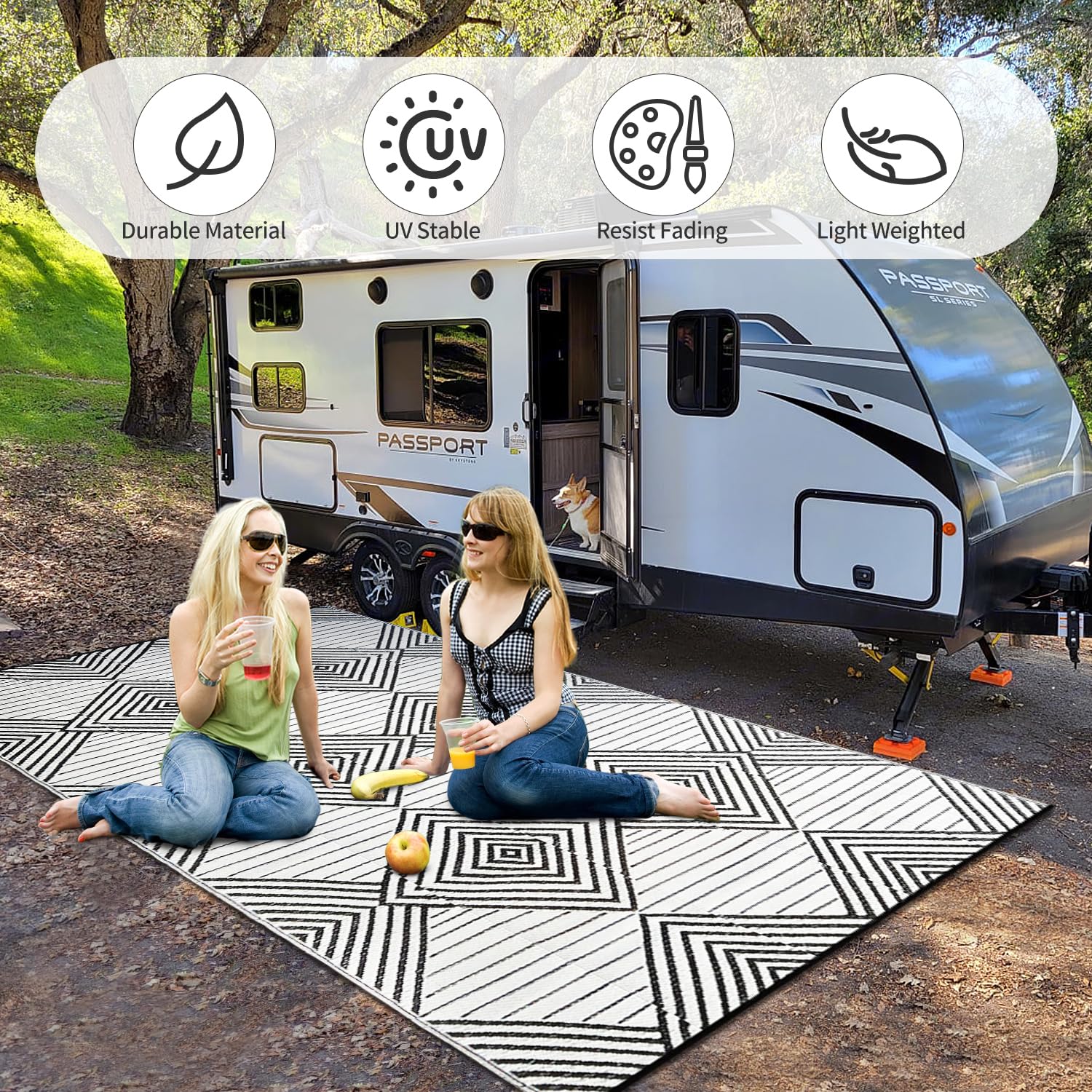 DiiKoo outdoor rug laid out at a camping site