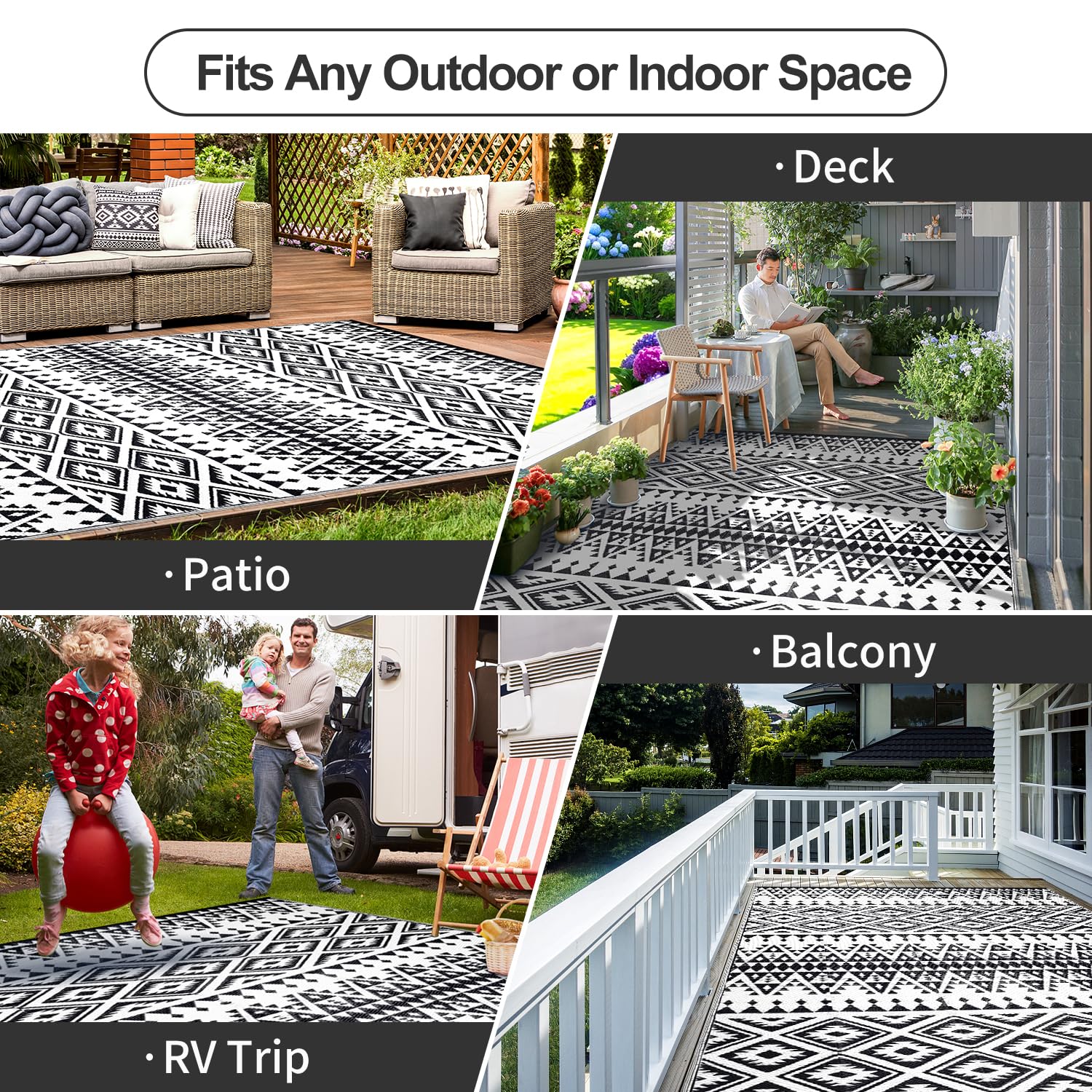 DiiKoo outdoor rug placed on patio with furniture