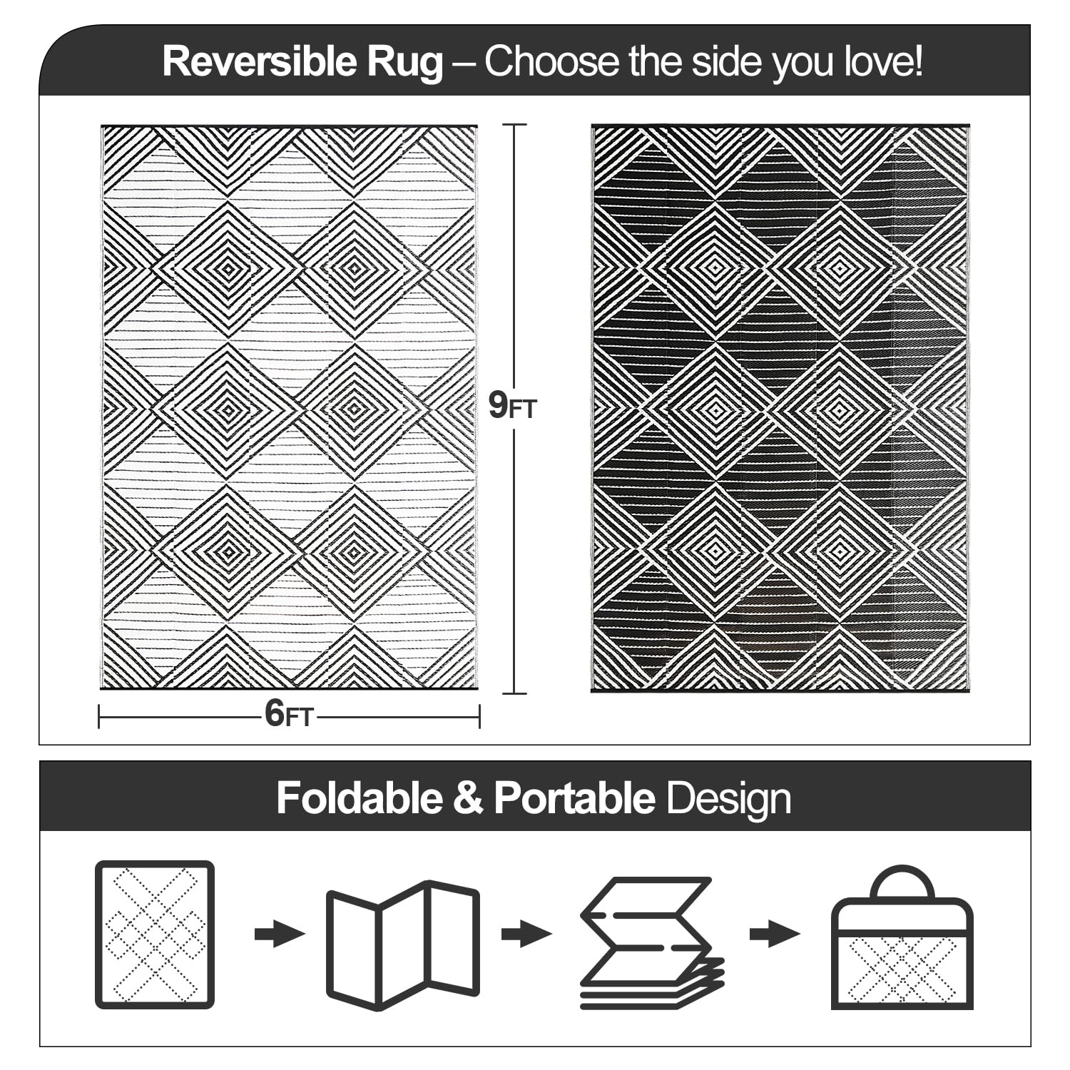 DiiKoo outdoor rug rolled up with carry bag for easy transport