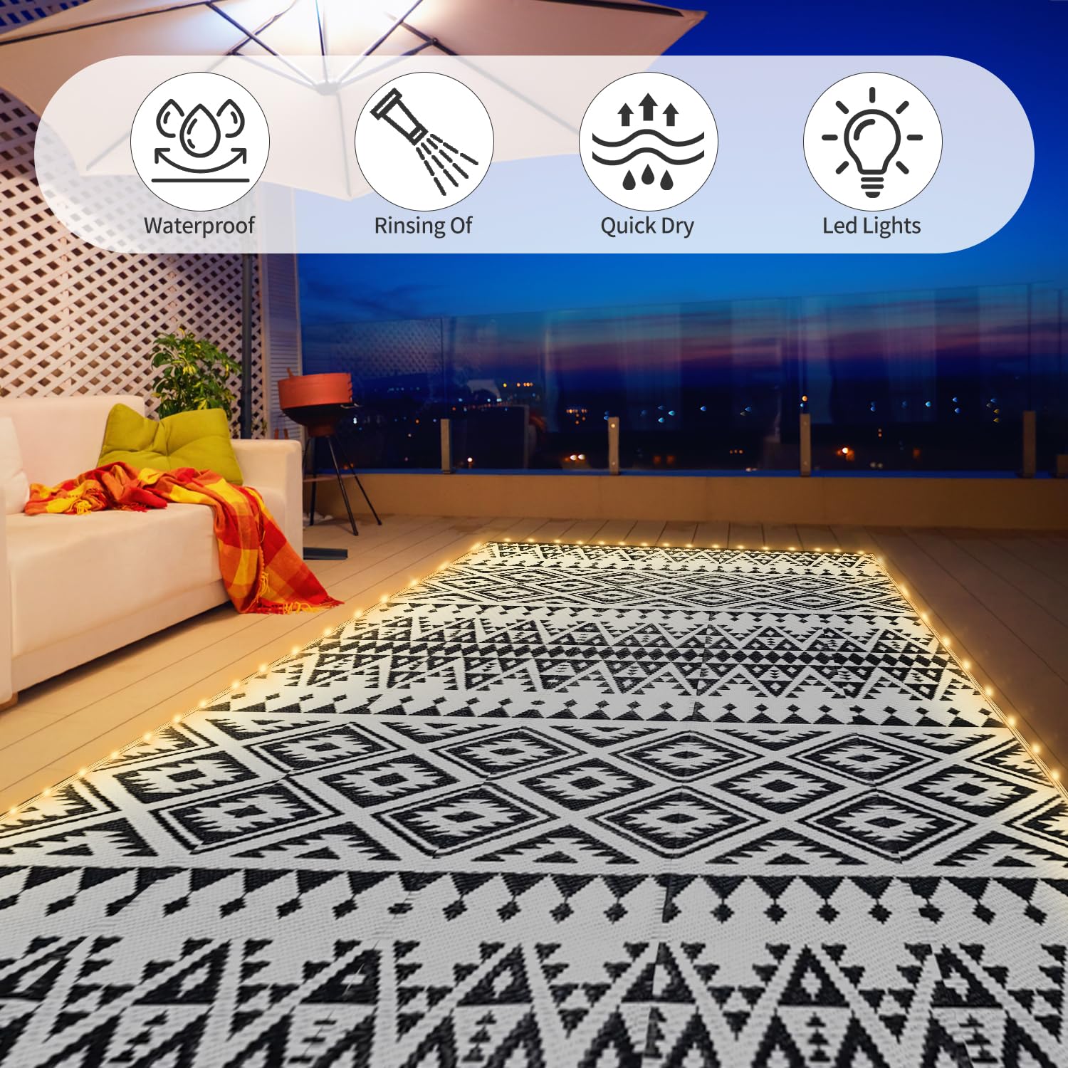 DiiKoo outdoor rug set up for camping with LED lights