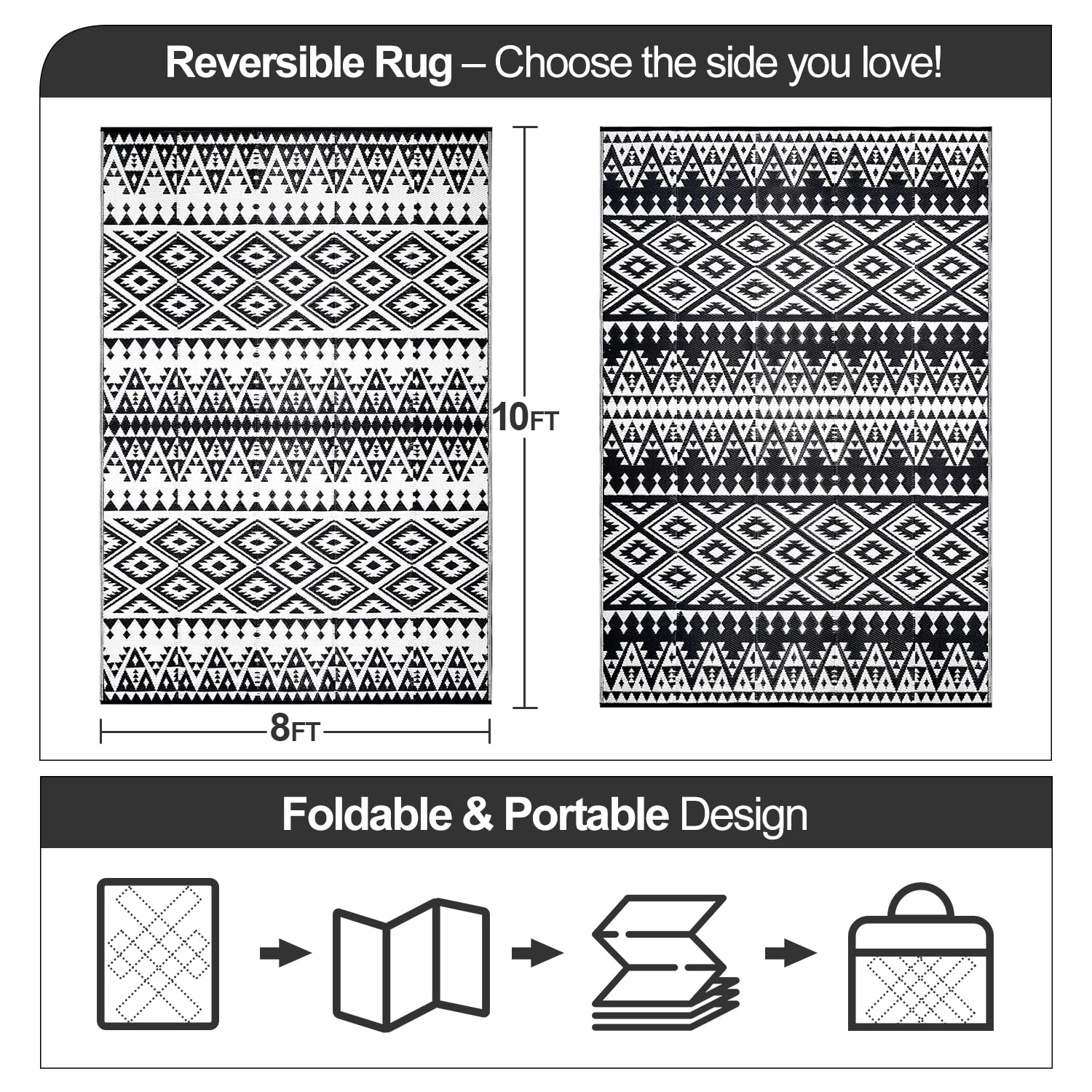 DiiKoo reversible outdoor rug folded with carry bag
