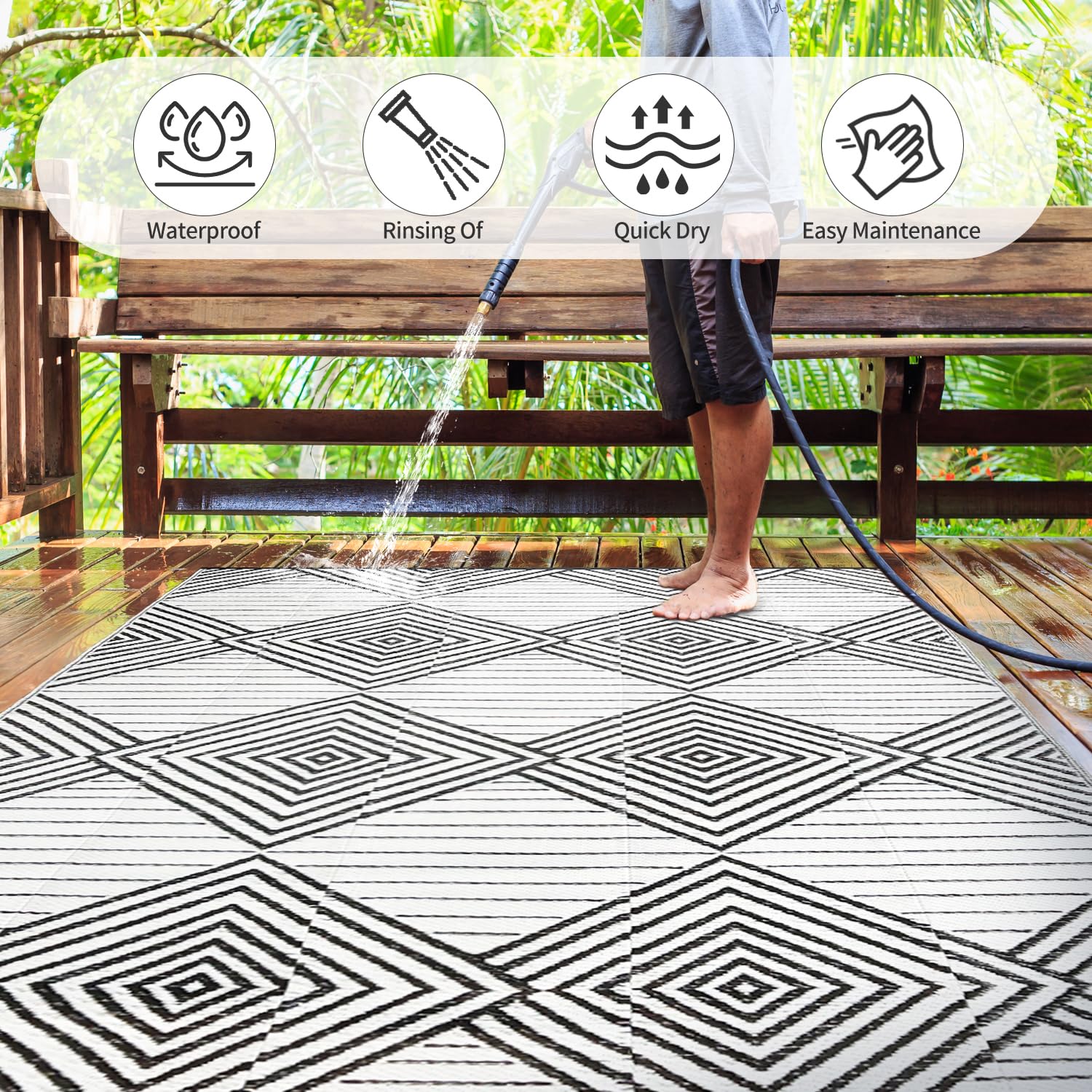 DiiKoo reversible rug displayed in a patio setting
