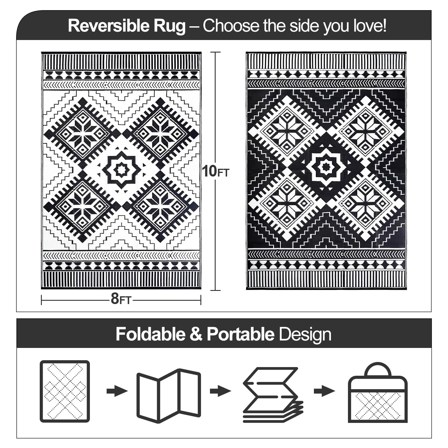 DiiKoo Waterproof Outdoor Rug 8x10ft rolled up with included carry bag