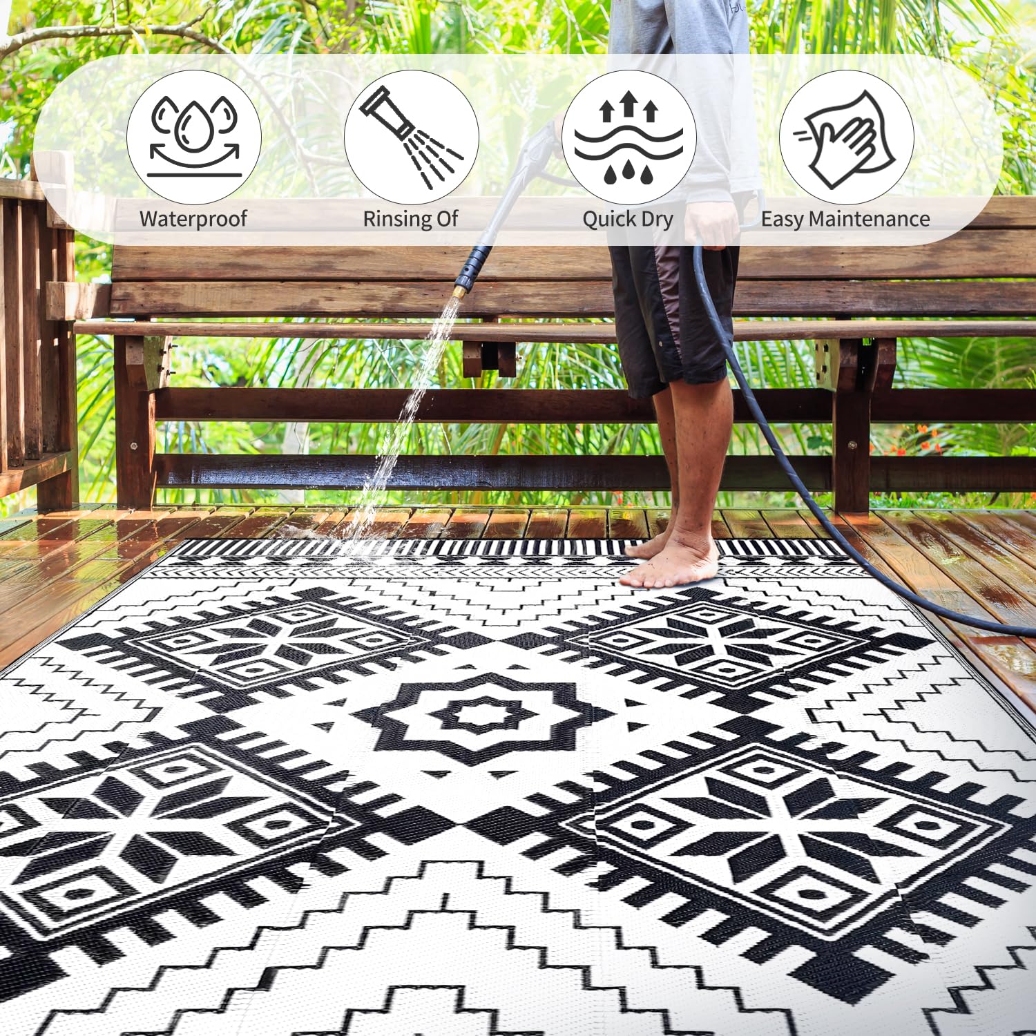 DiiKoo Waterproof Outdoor Rug 8x10ft set up on a patio with outdoor furniture