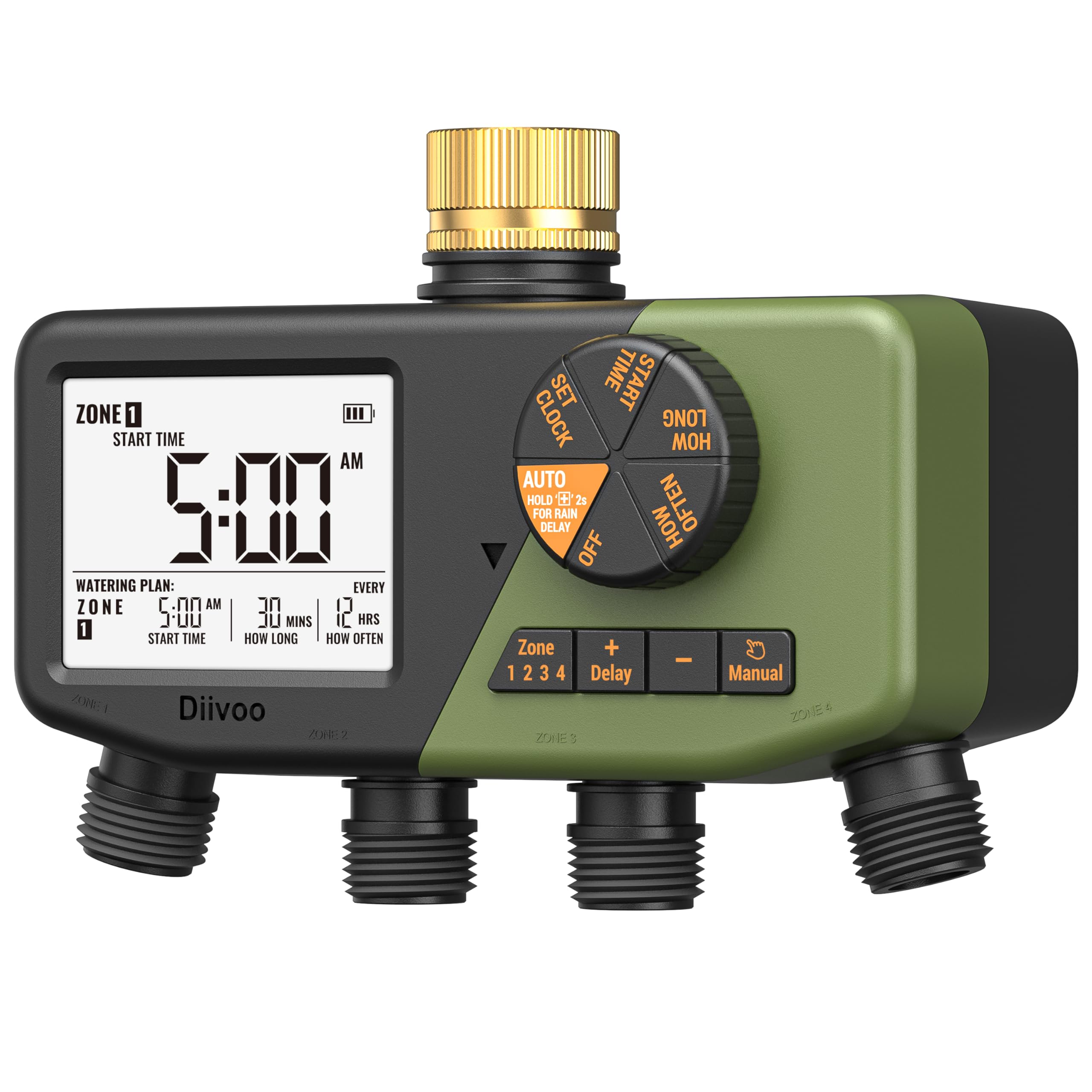 Diivoo 4 Zone Sprinkler Timer front view with large display