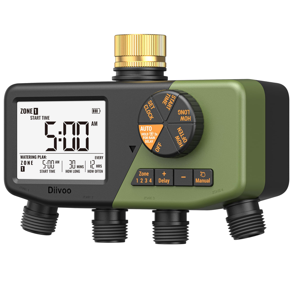 Diivoo 4 Zone Sprinkler Timer front view with large display