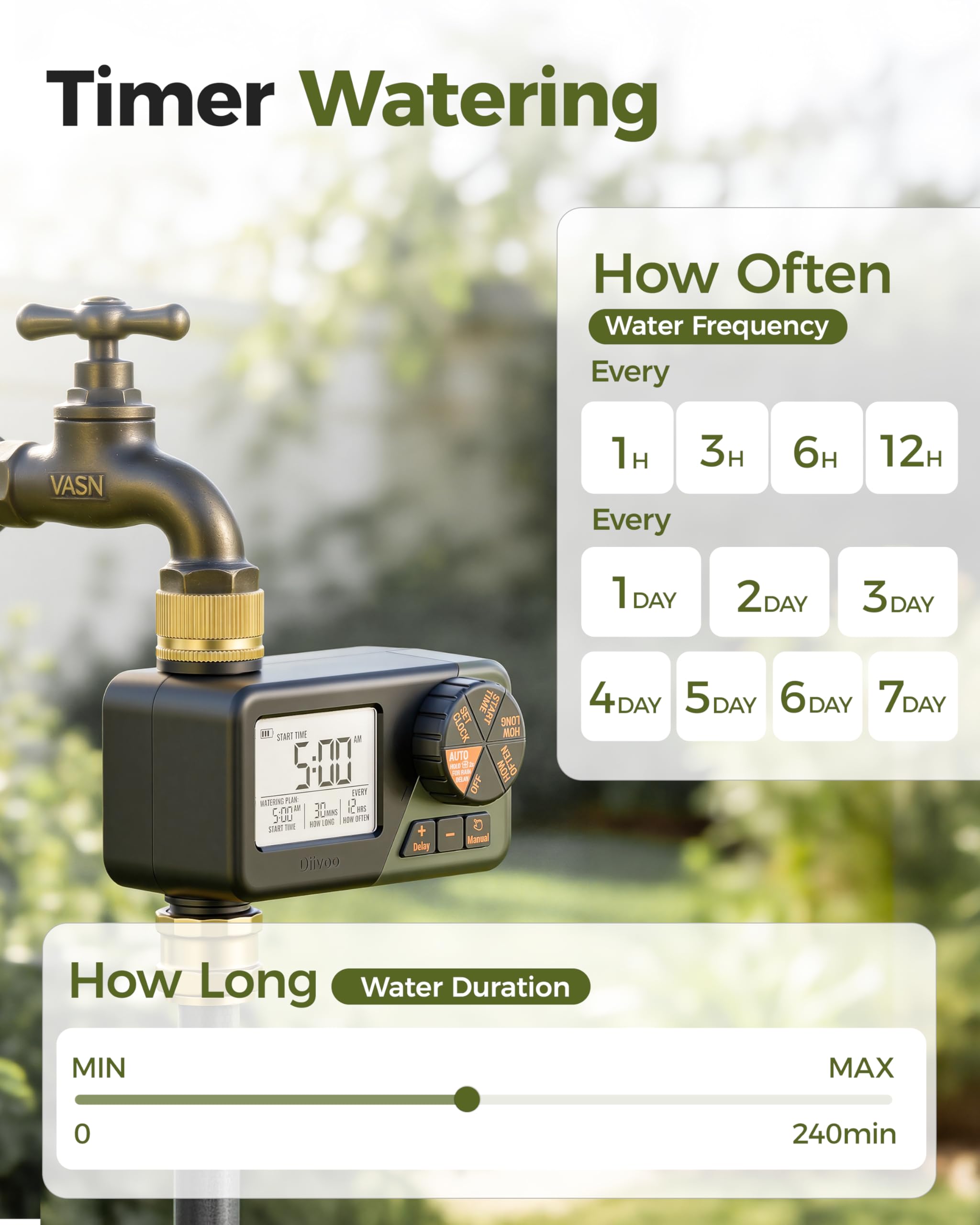 Diivoo Brass Hose Timer connected to a garden hose