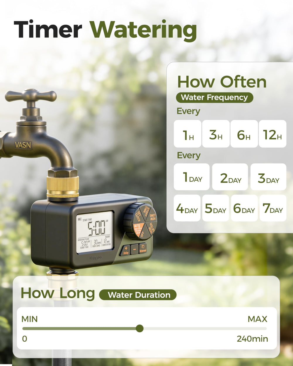 Diivoo Brass Hose Timer connected to a garden hose