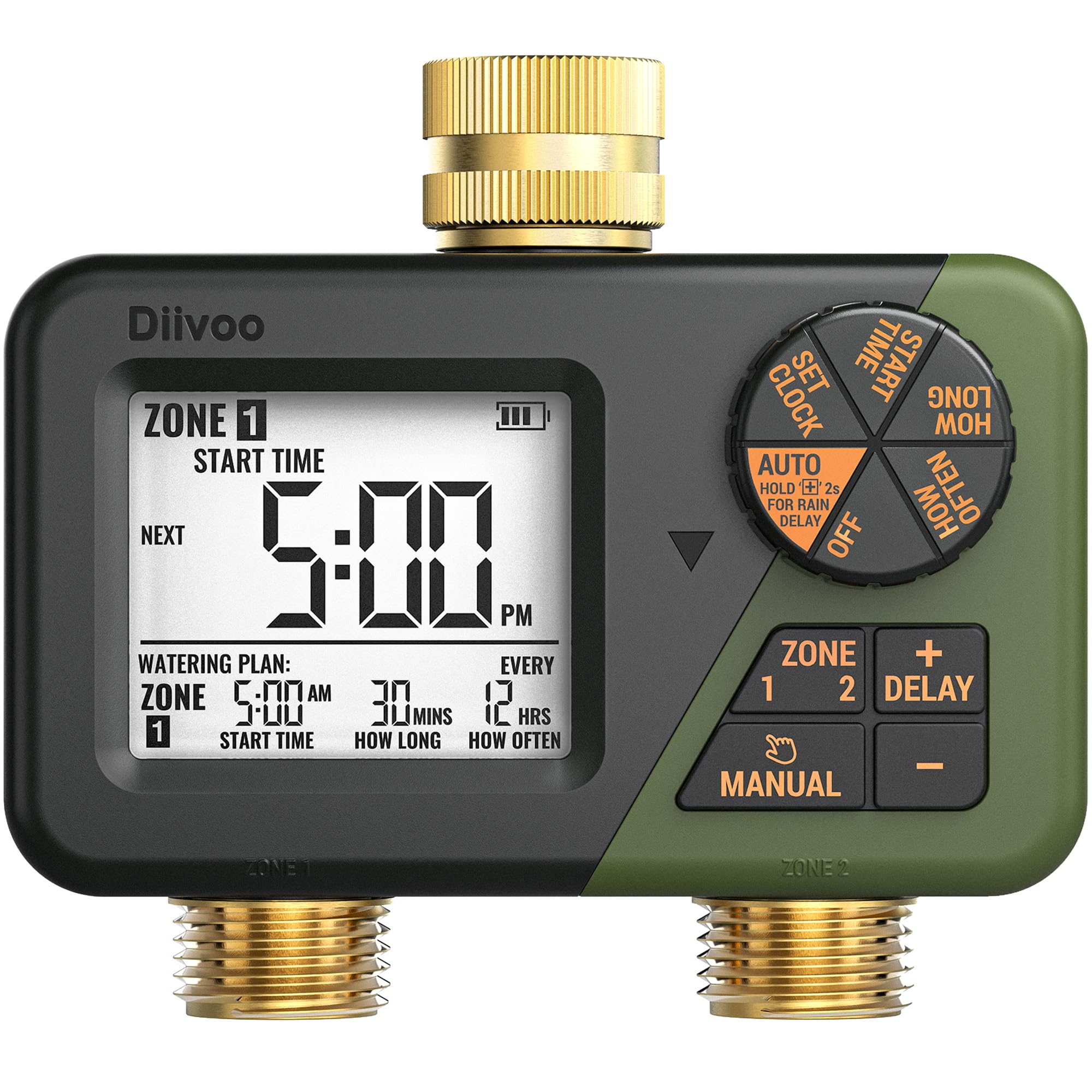 Diivoo Brass Hose Timer front view with large display