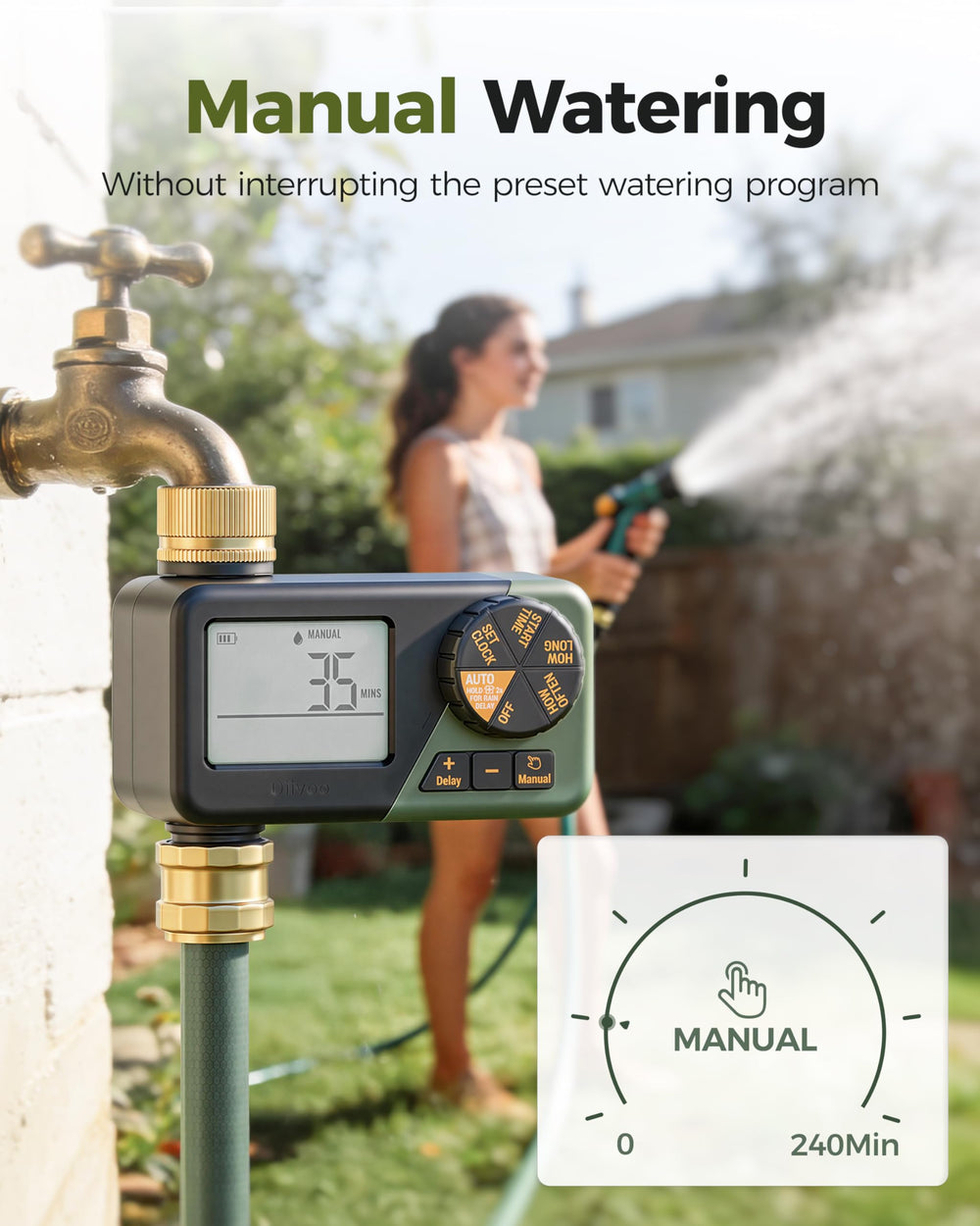 Diivoo Brass Hose Timer installed in a garden setting