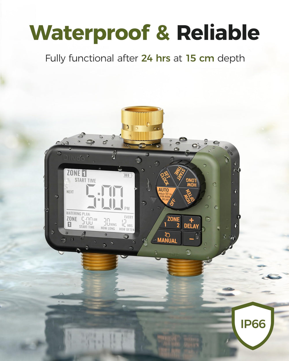 Diivoo Brass Hose Timer programming options on display