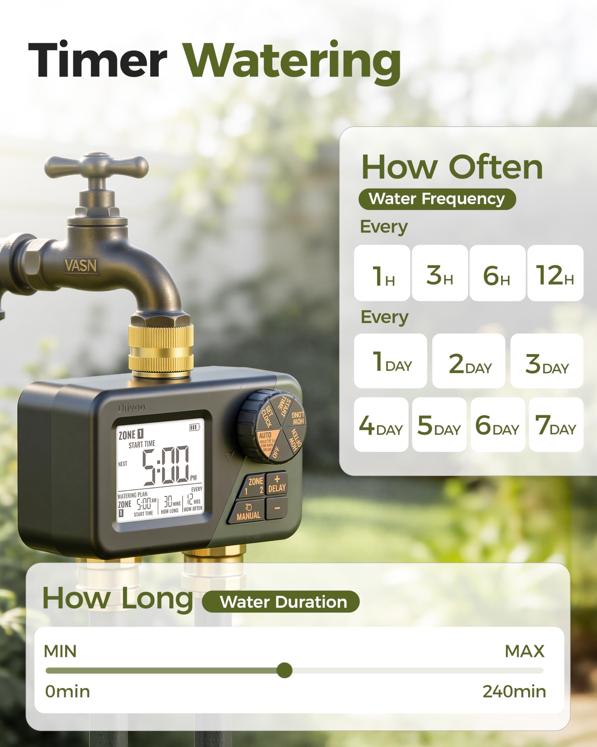 Diivoo Brass Hose Timer showing green colour and brass inlets