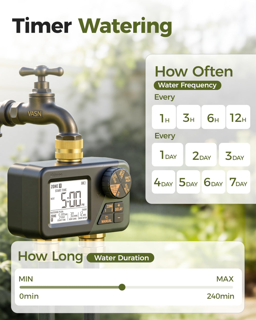 Diivoo Brass Hose Timer showing green colour and brass inlets