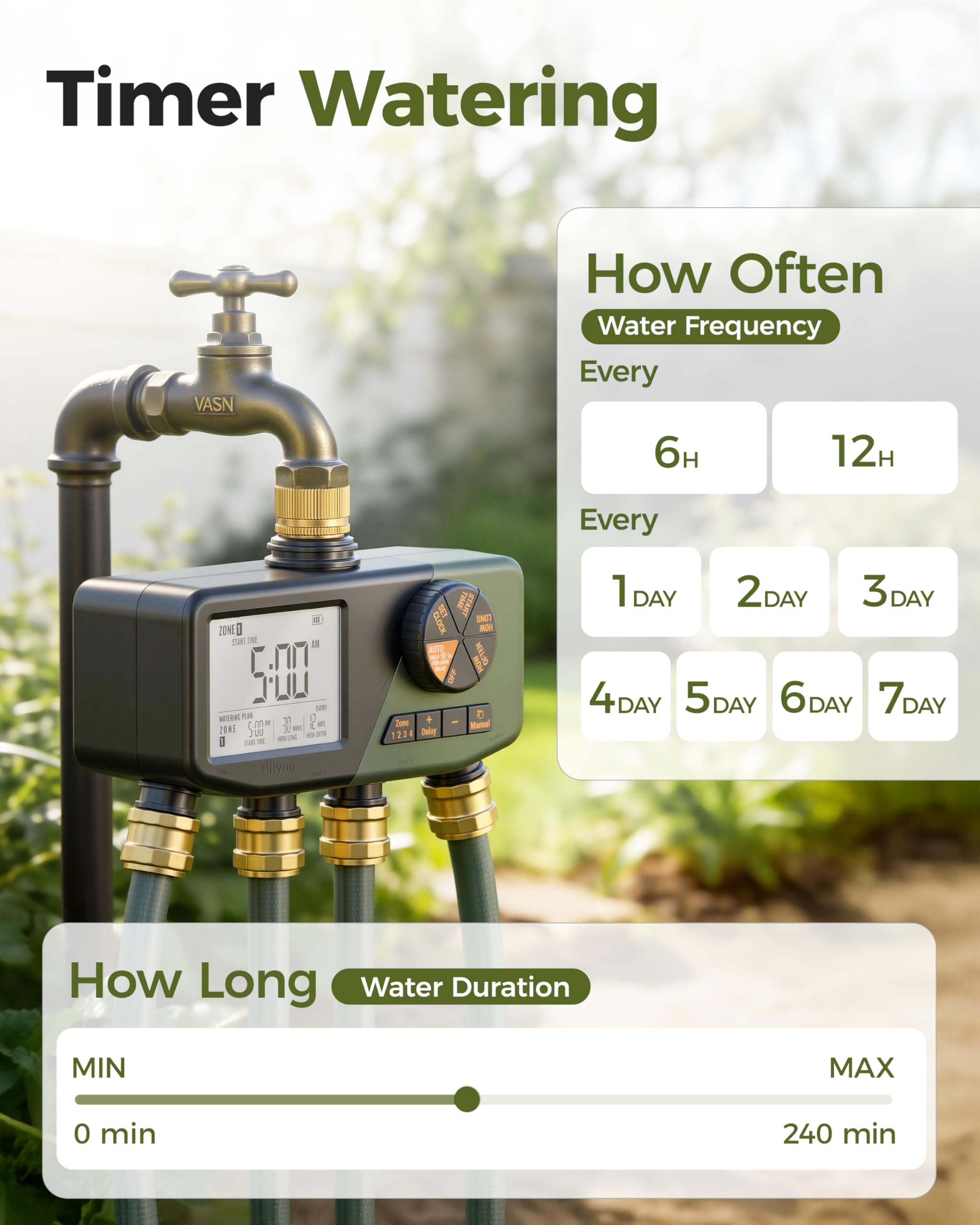 Diivoo sprinkler timer side view showing brass inlet