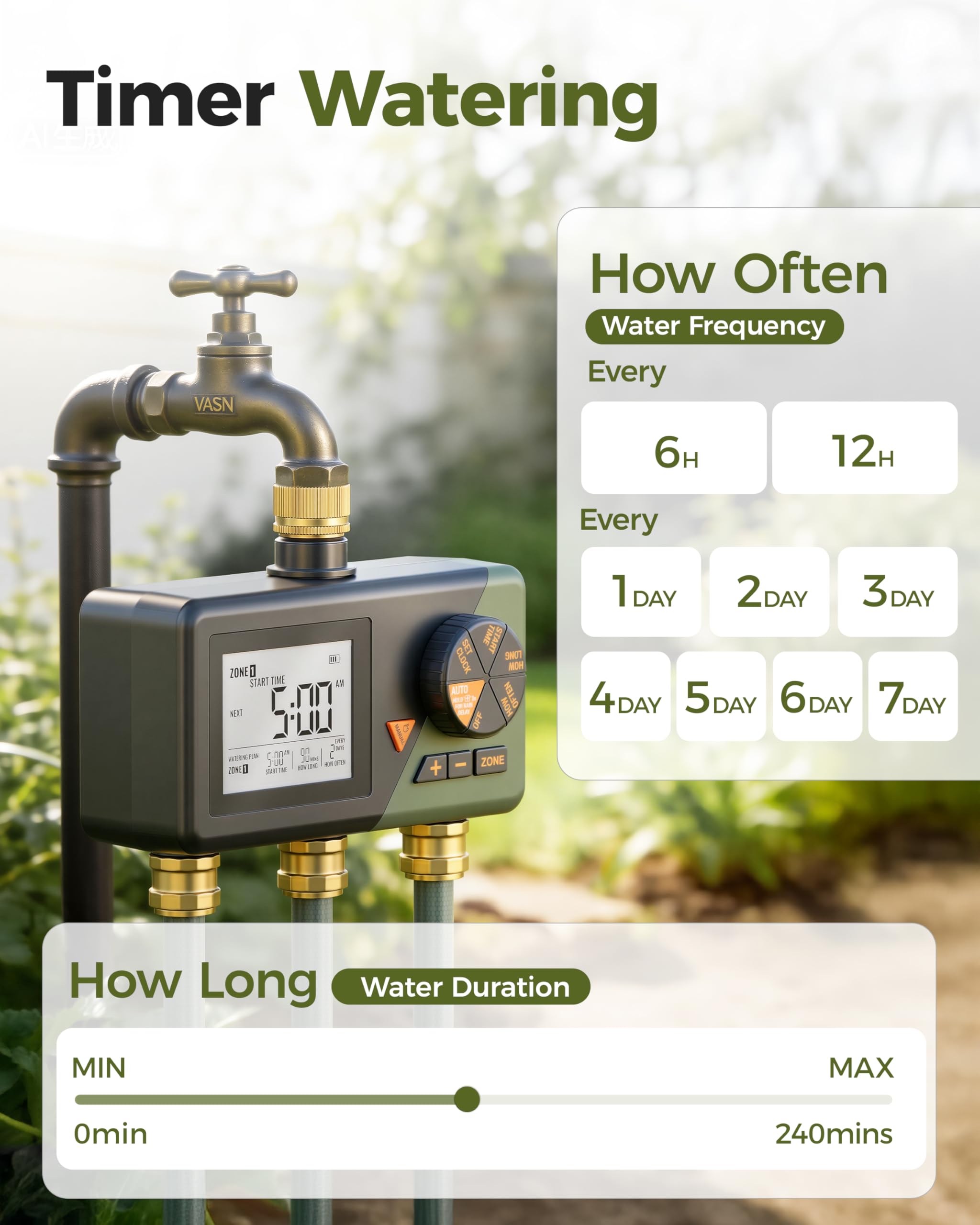 Diivoo Sprinkler Timer with settings displayed on the screen
