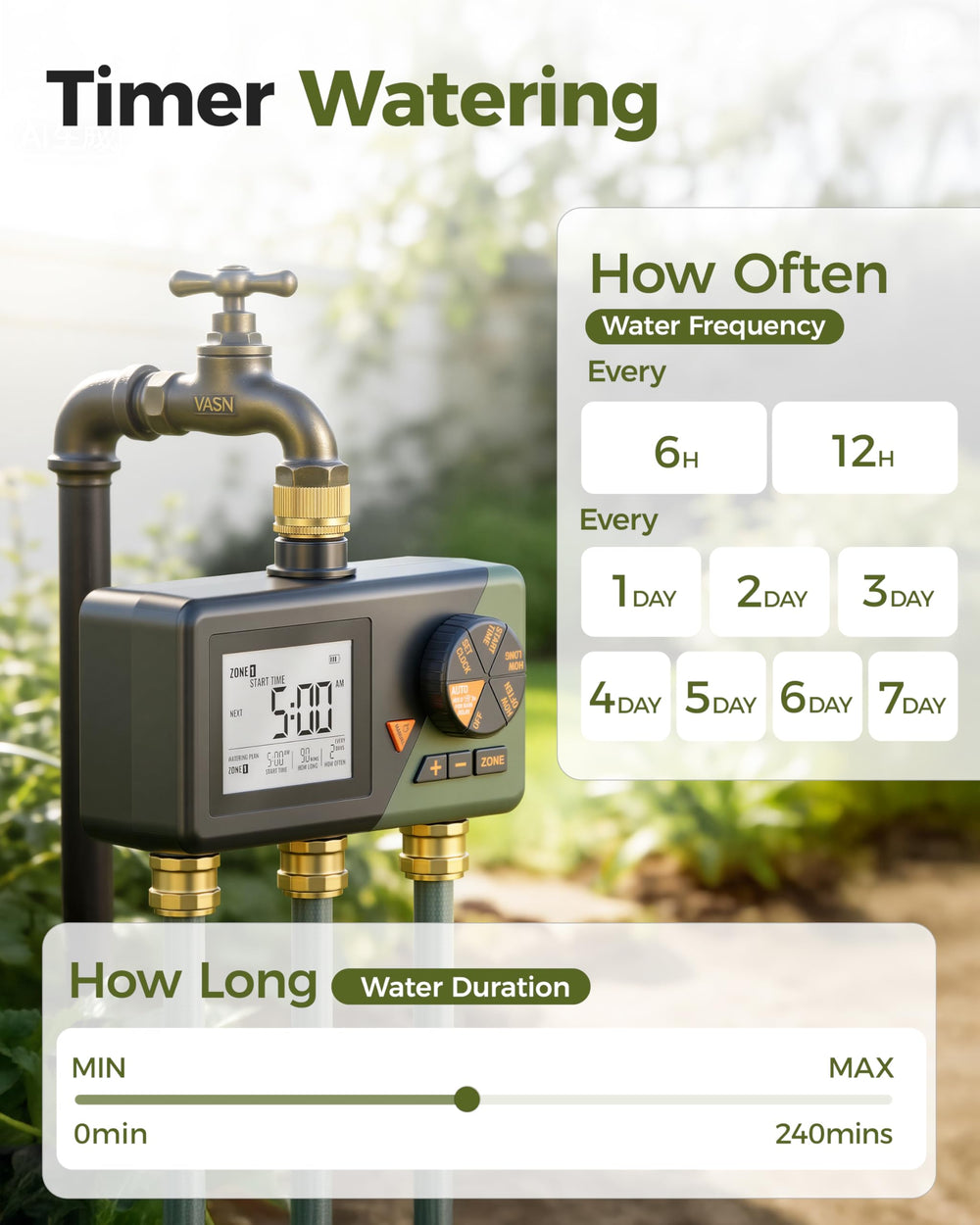 Diivoo Sprinkler Timer with settings displayed on the screen