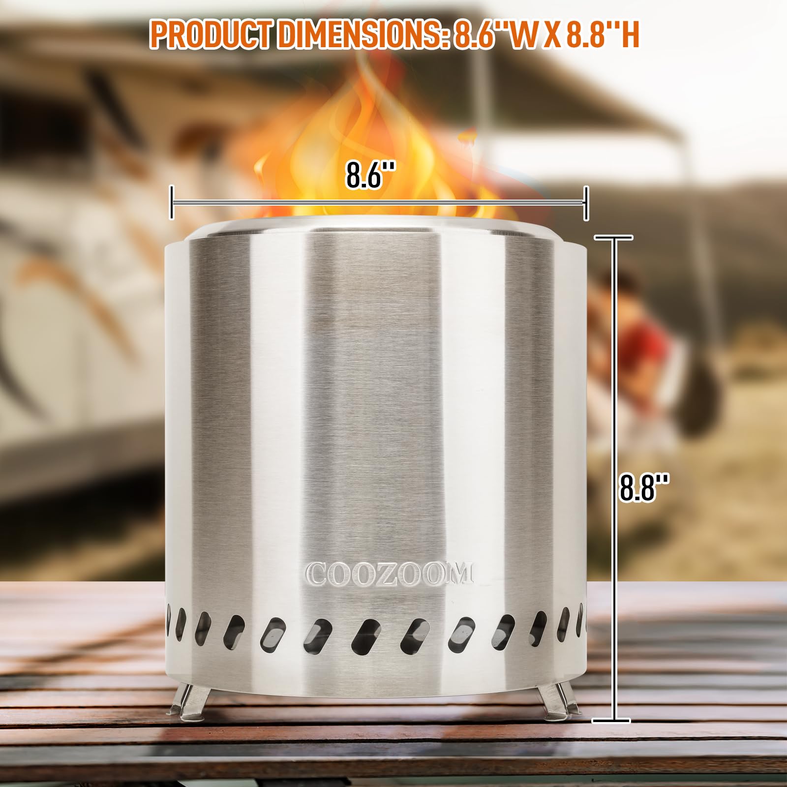 Dimensions of COOZOOM fire pit with specifications