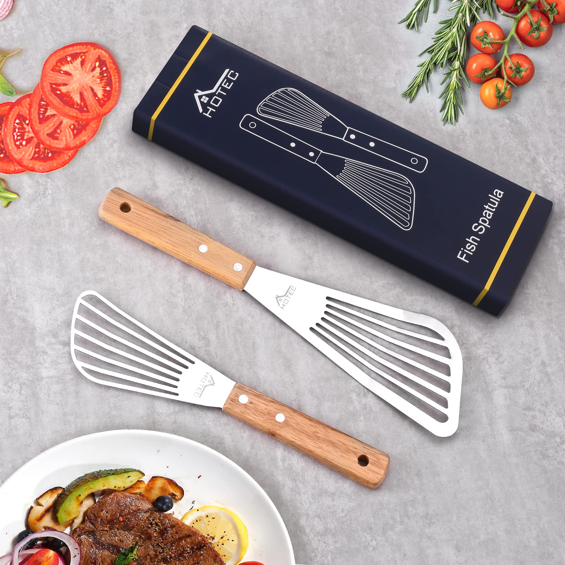Dimensions of HOTEC spatula set displayed on kitchen counter