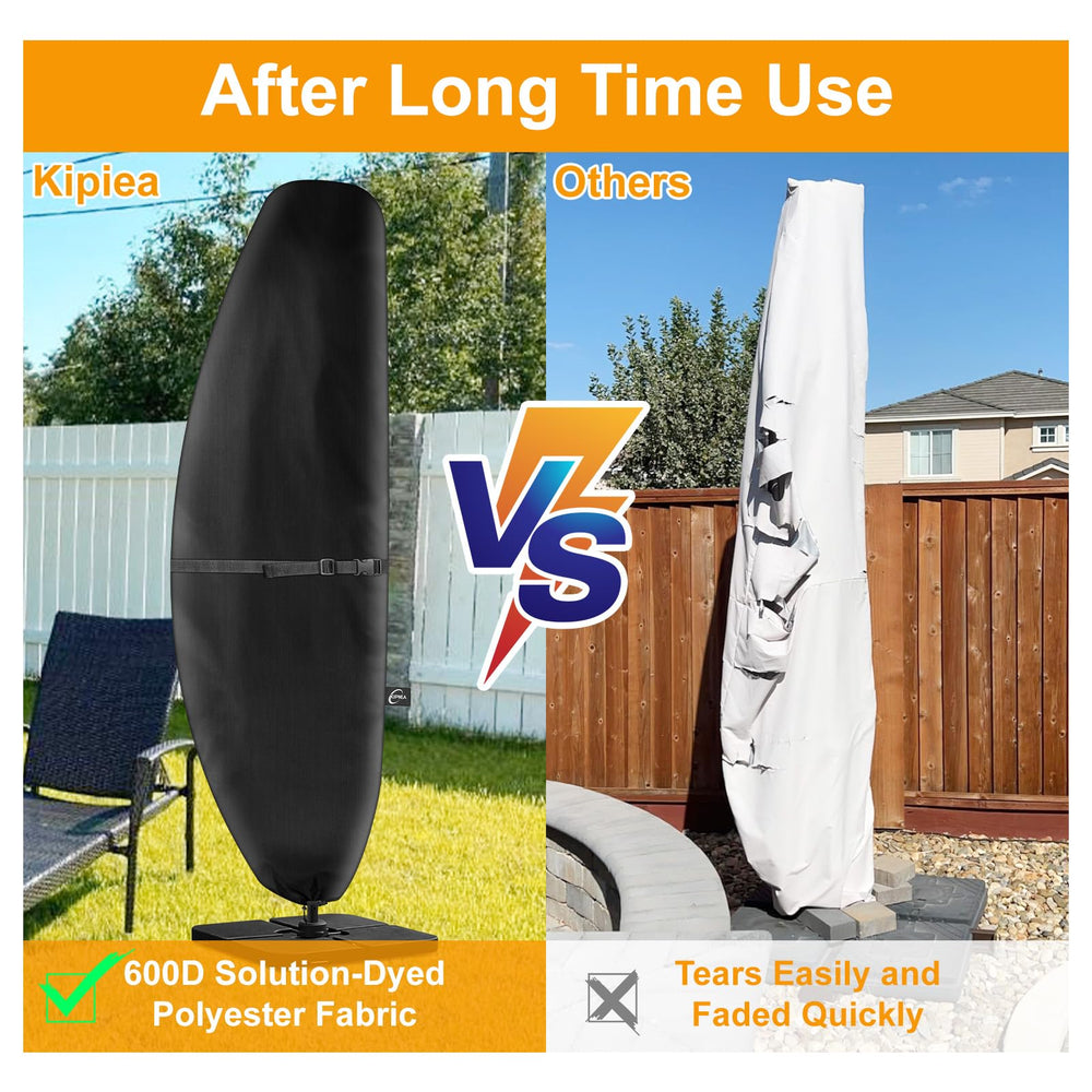 Dimensions of Kipiea umbrella cover shown beside offset umbrella